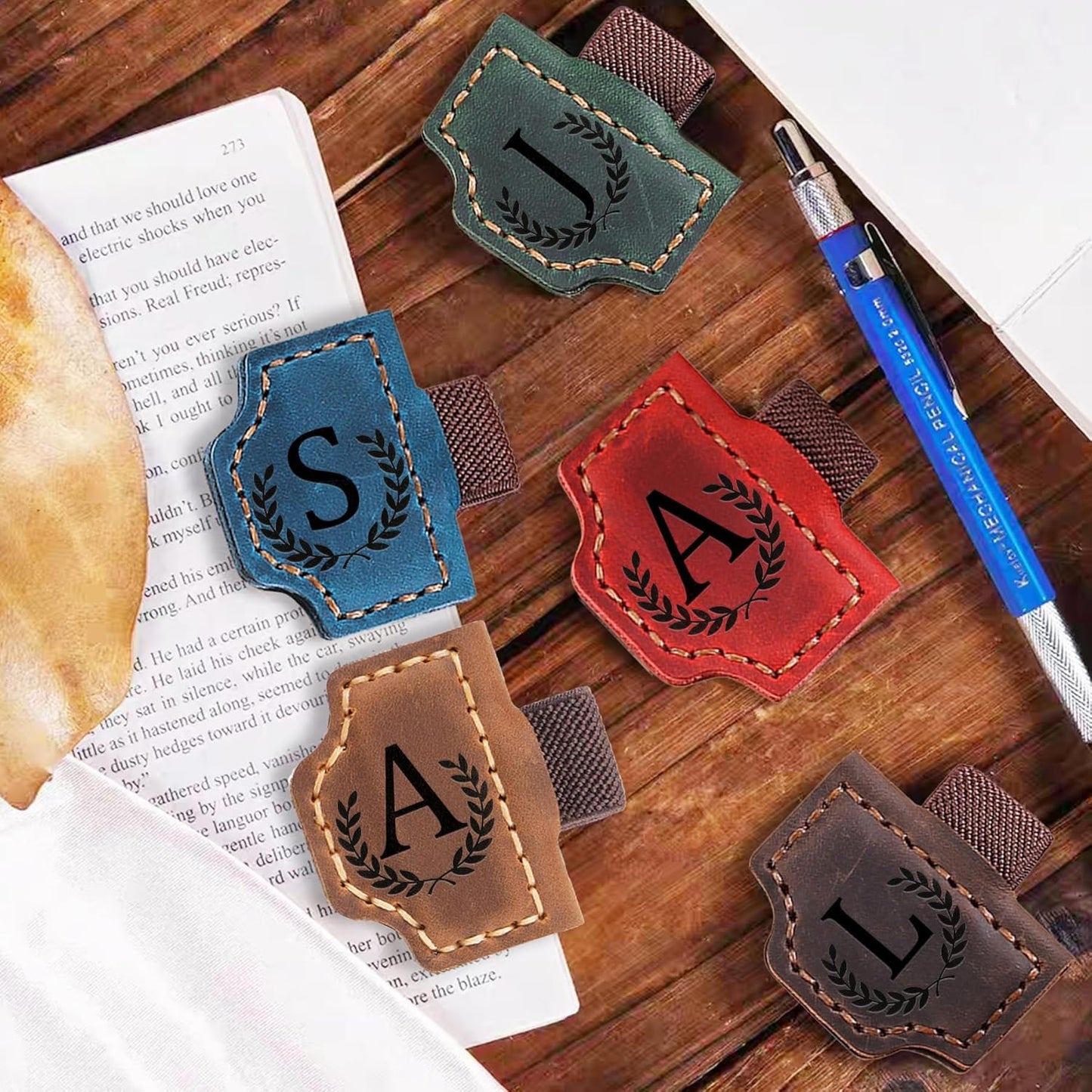 Bygone Mark Bookmark with Pen Holder, 26 Letters Name Initial Personalized Magnetic Bookmarks, Leather Book Mark for Men Women, Travelers Accessories, Teachers Readers Book Lovers Gifts (Brown, L)