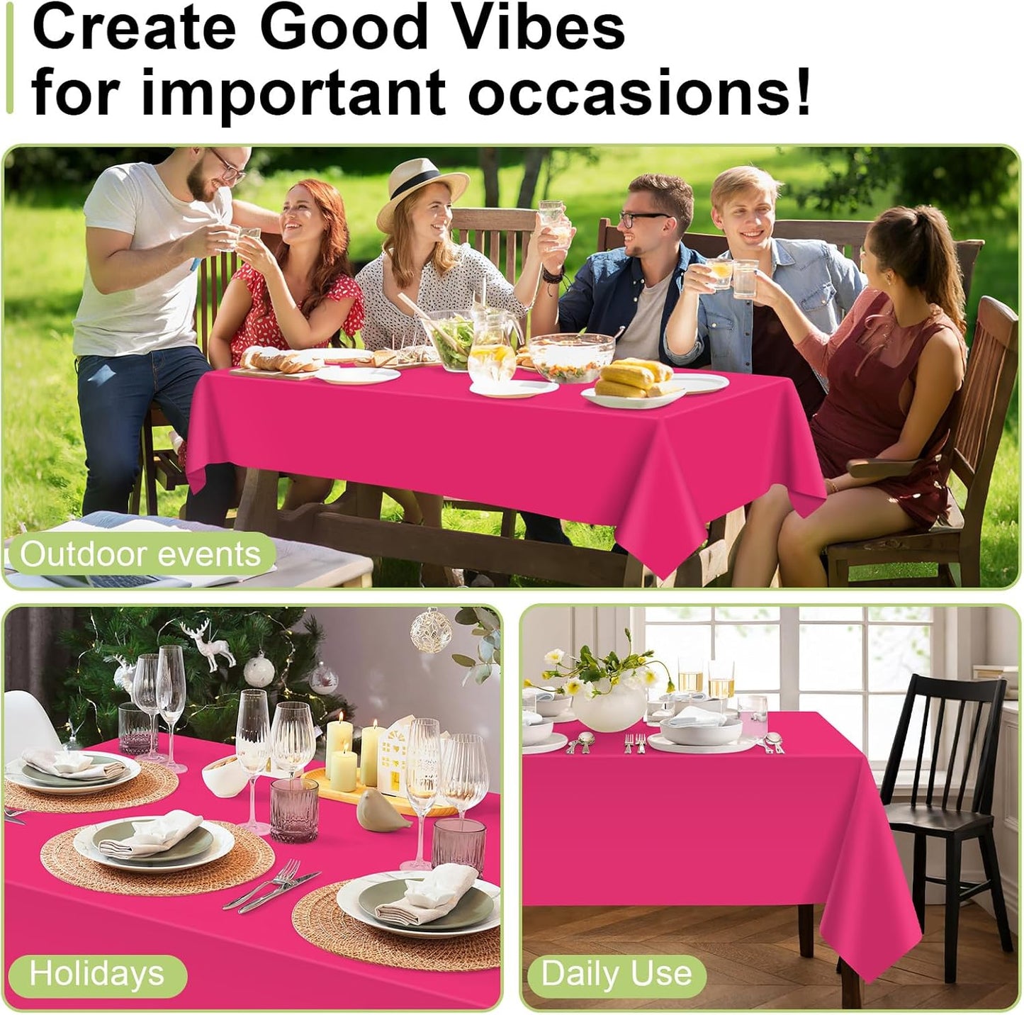 QIKSION Plastic Table Cloth Disposable 12 Pack, 54 x 108 Inch Tablecloths for Rectangle Tables, Hot Pink Plastic Table Cover