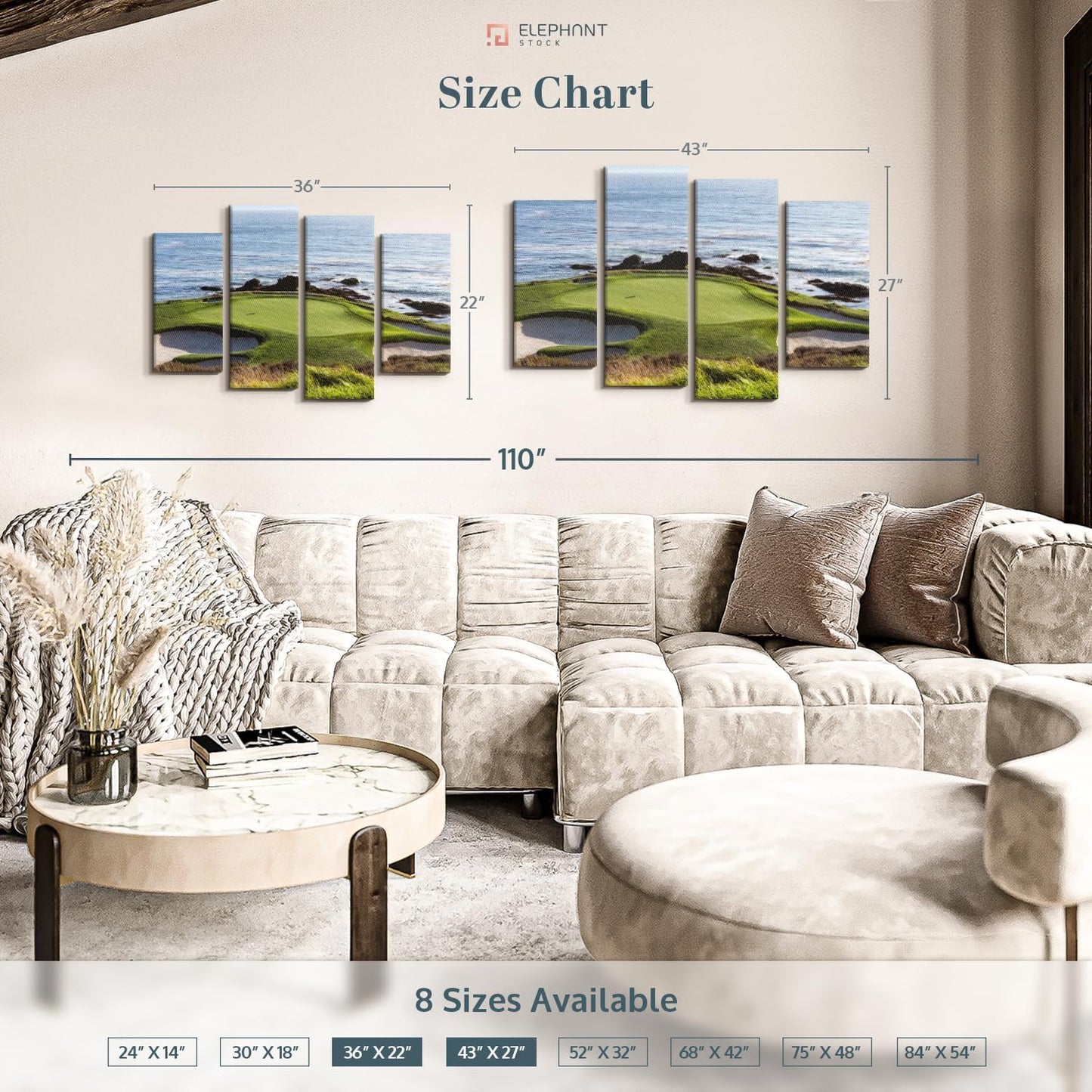 Elephant Stock Pebble Beach Golf Turf Wall Art - Horizontal Canvas - 4-Piece Hallway Wall Decor - Photographic Canvas Print - Brown and Blue Decor for Wall - 43" X 27"