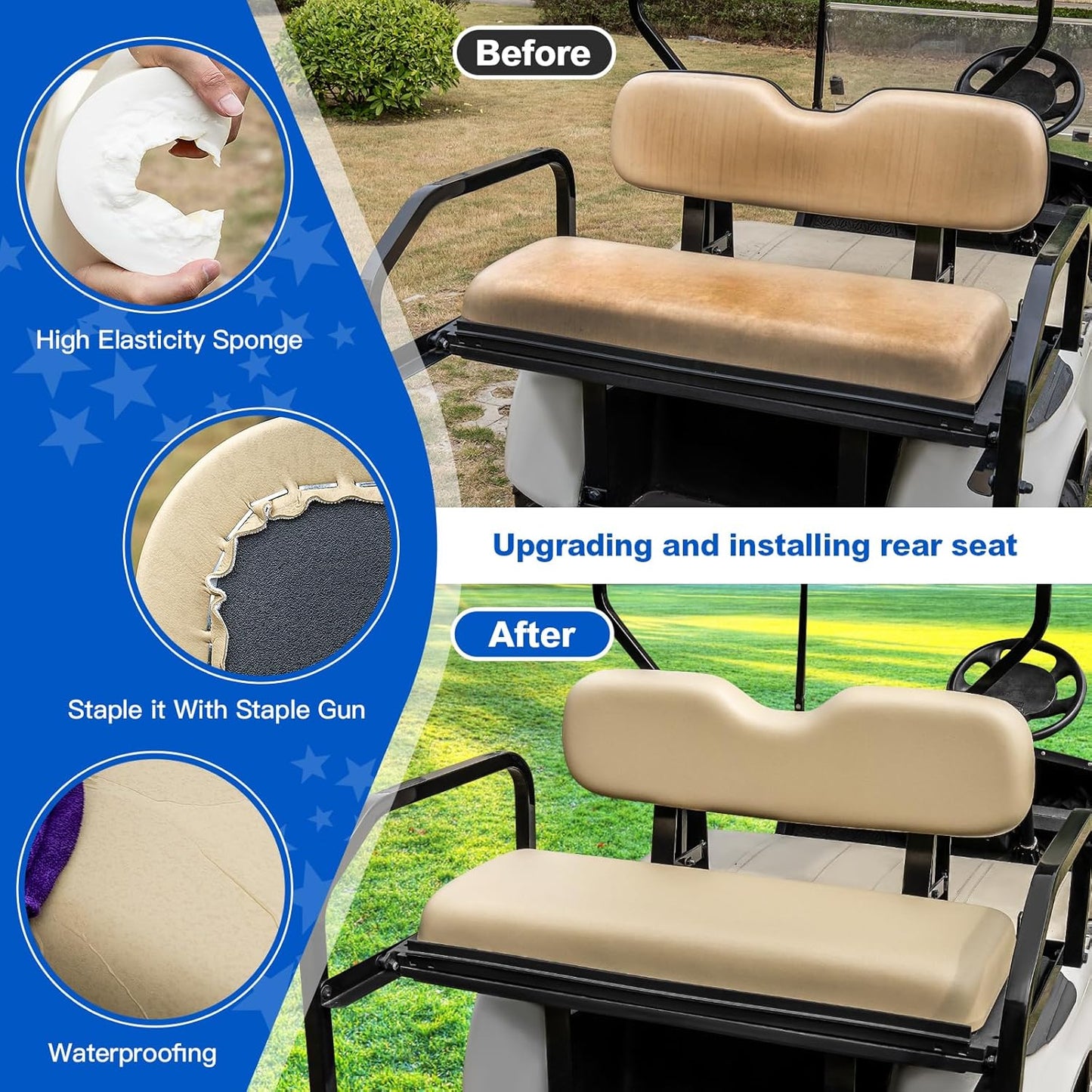 NOKINS Golf Cart Rear Seat Replacement Cushion, Universal Back Seat Cushions for Yamaha/EZGO TXT/RXV/Club Car Precedent/DS, Waterproof Vinyl Leather & Memory Foam, Buff