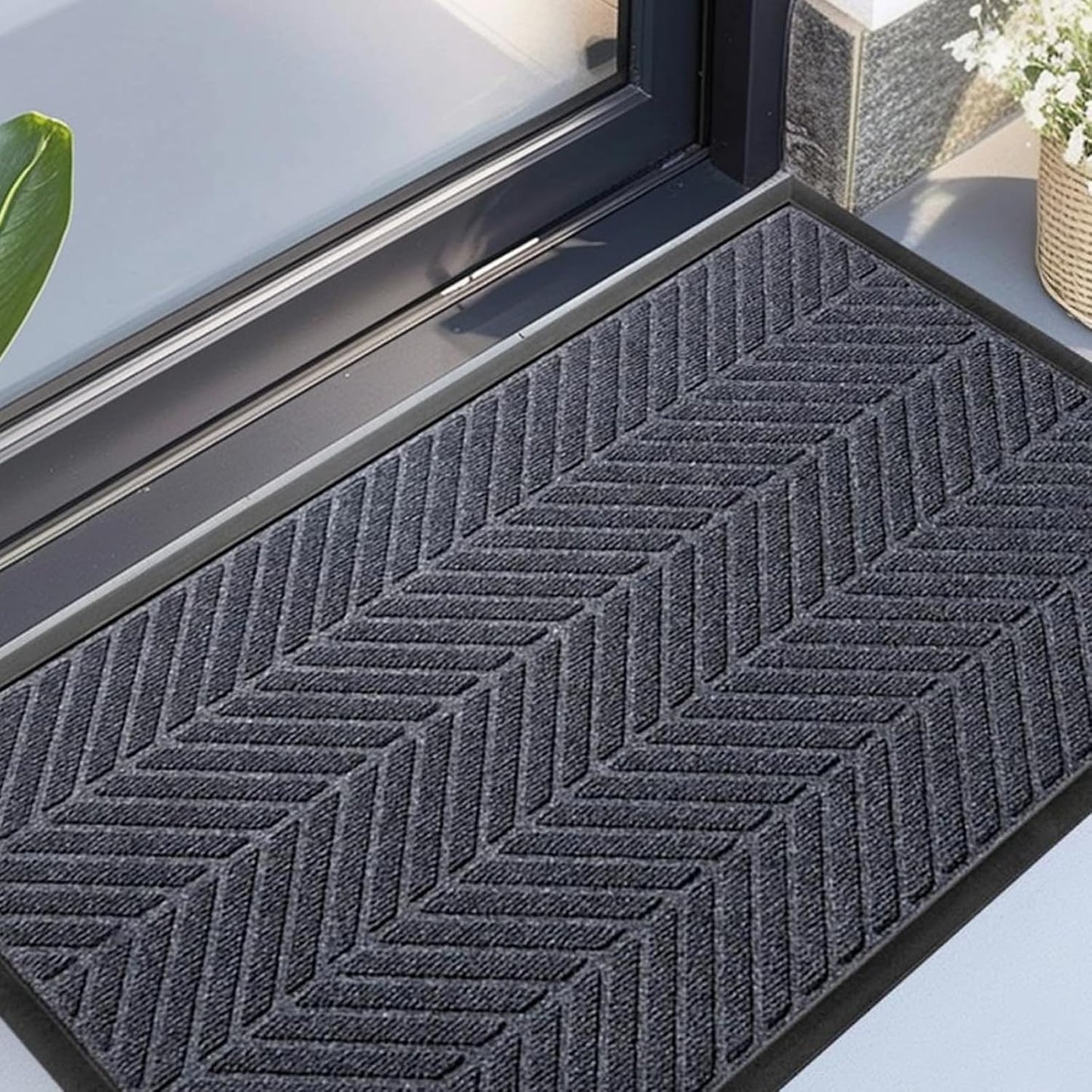 Front Door Mat 29.5"x17" Indoors Outdoors Welcome Mats, Waterproof Non-Slip Rubber Backing Heavy Duty Doormat Outside Entrance, Low Profile Entryway Rugs Floor Mat for Patio, Pattern A Grey