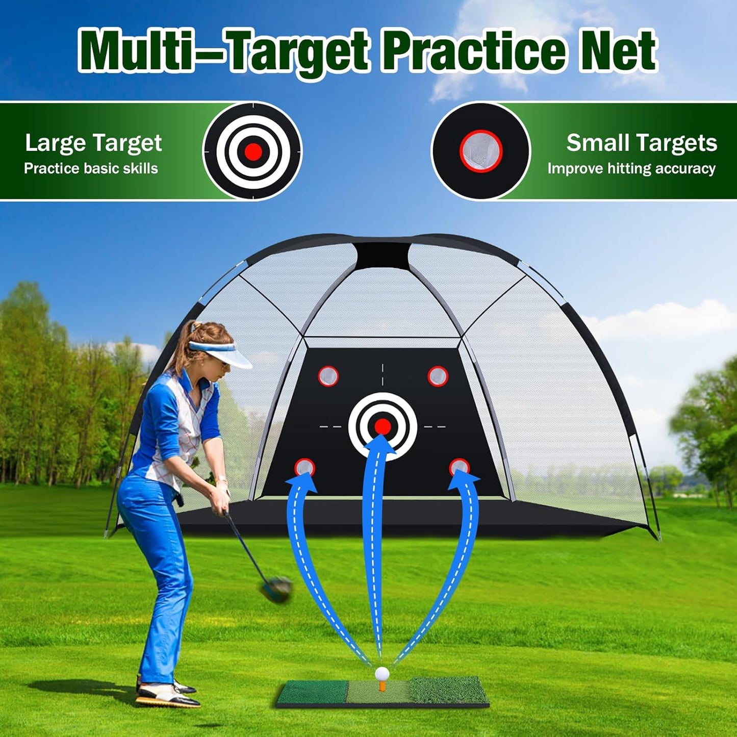 MoKo Golf Net with Practice Mat, 10 x 7 ft Golf Hitting Net for Outdoor Indoor Backyard Driving Chipping Swing Training, All-in-One Multi-Target Training Aid Practice Nets with Tri-Turf Mat