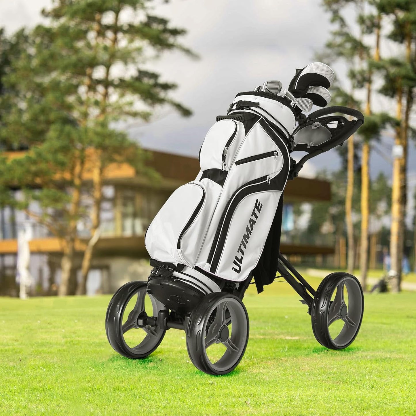 ULTIMATE 4 Wheel Golf Push Cart, Folding Golf Walking Cart w/Elastic Straps, Umbrella&Cup Holder, Scoreboard Storage, Lightweight Golf Trolley Cart w/Height Adjustable Handle&Foot Brake