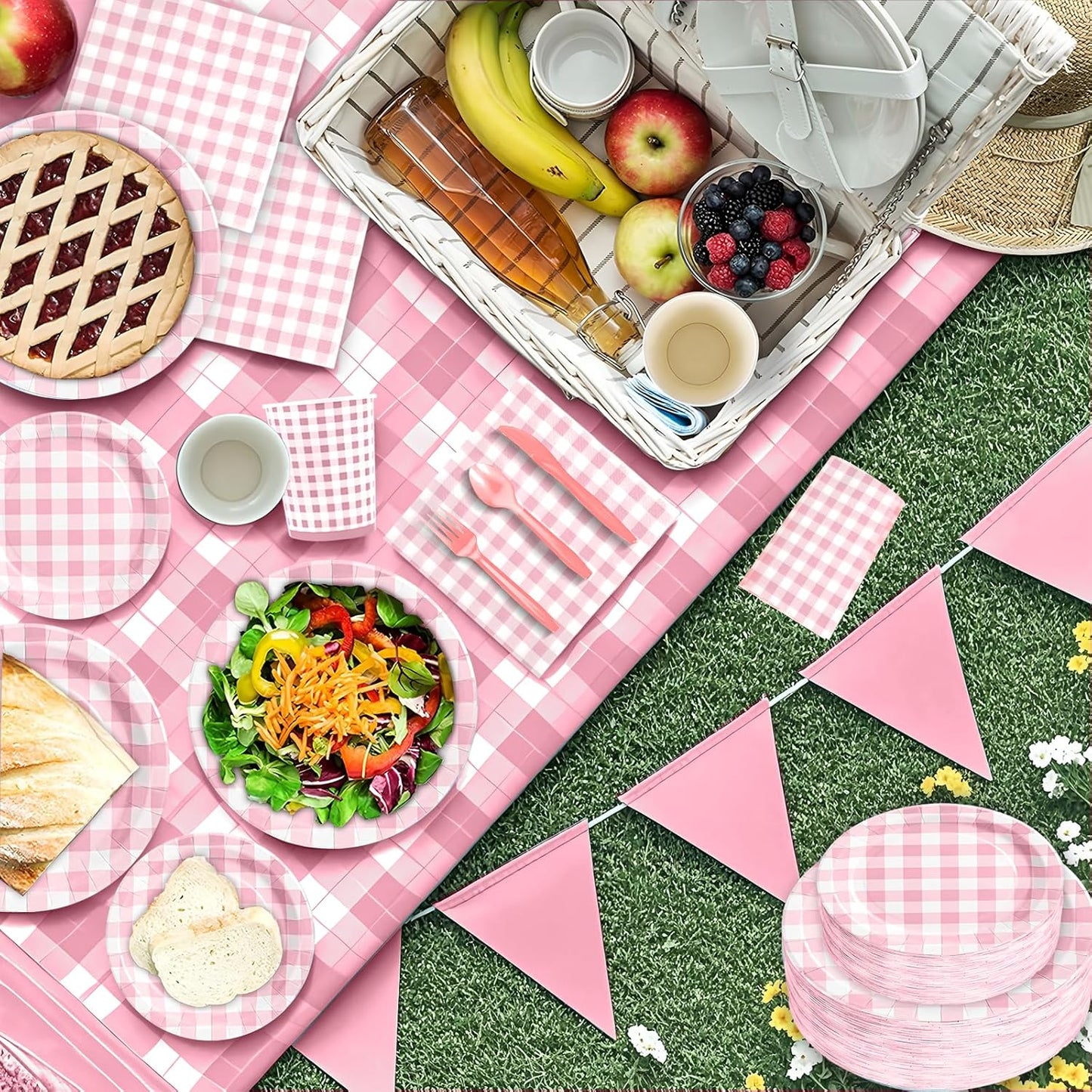 180Pcs Pink Gingham Party Supplies Paper Plates and Napkins Serve 60 Disposable Tableware Set for Birthday Party Decorations Game Day Family School Holiday Sports Events
