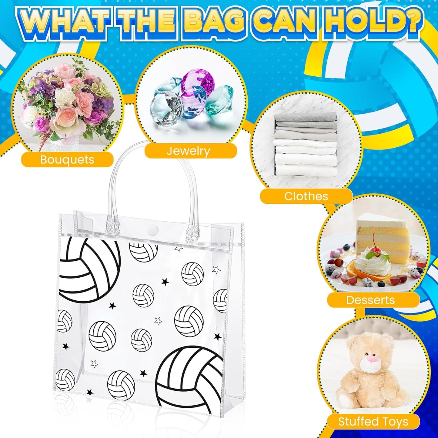 Liobelon 24 Pieces Volleyball Clear PVC Gift Bag with Handles Transparent Volleyball Goodie Bags 8 x 8 x 3.2Inch Sport Theme Party Favor Bag for Birthday Holiday Sports Team (volleyball)