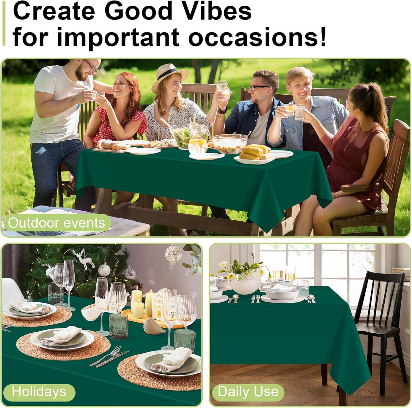 QIKSION Plastic Table Cloth Disposable 3 Pack, 54 x 108 Inch Tablecloths for Rectangle Tables, Dark Green Plastic Table Cover