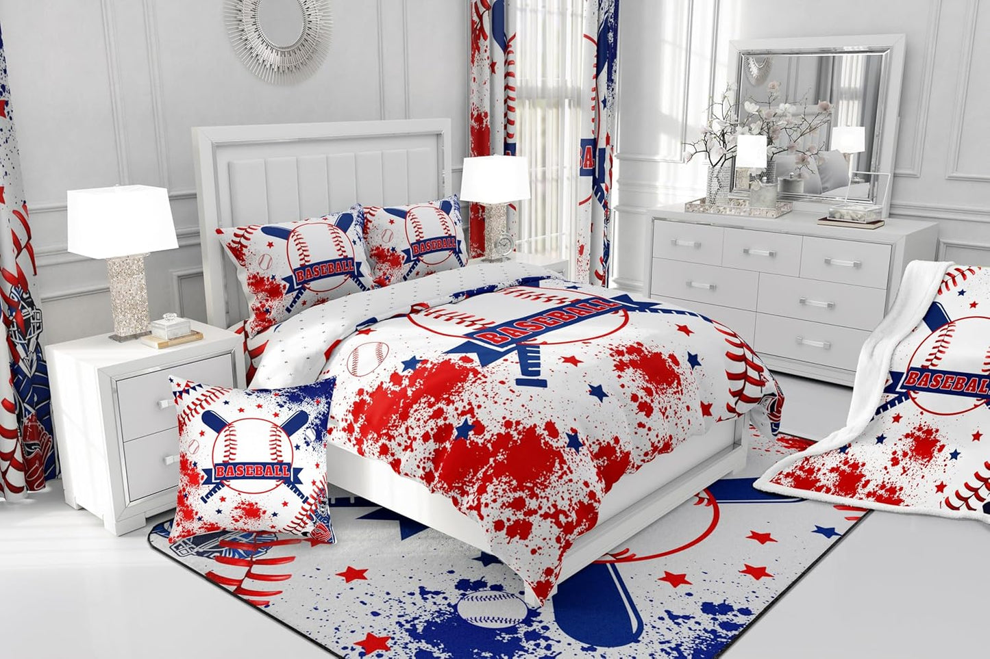 Feelyou Baseball Gaming Non Slip Bath Mat Blue Red Graffiti Soft Fleece Door Carpet for Kids Boys Girls Baseball Player Polyester Bath Rug Ball Games Sports Bathroom Floor Indoor Doormat,20x32 Inch