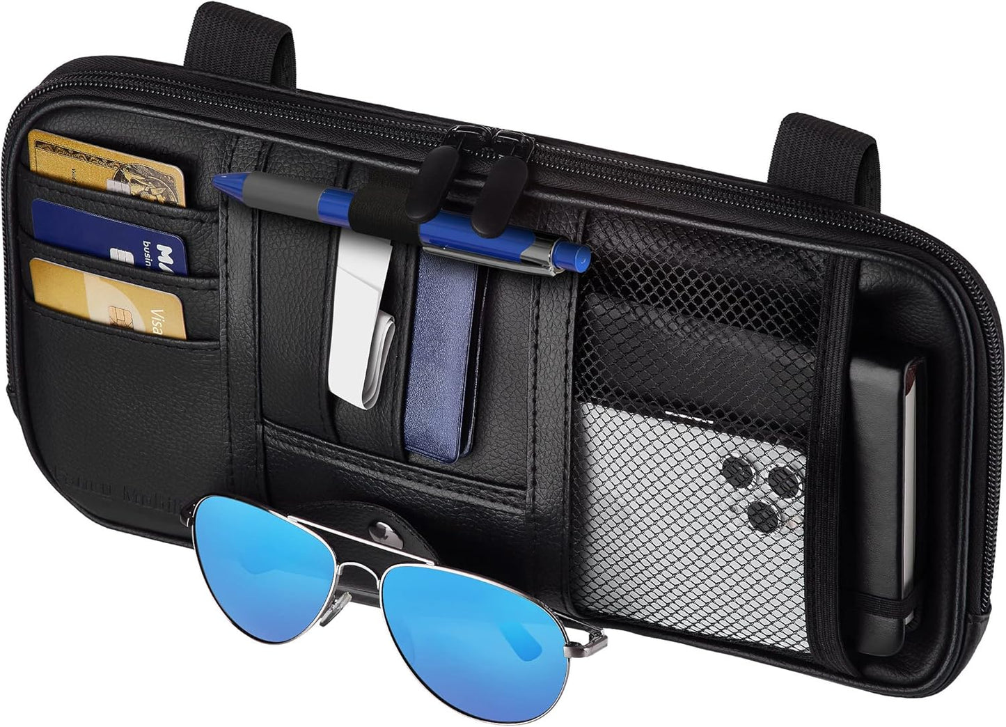 Car Sun Visor Organizer – Car, SUV, Truck Interior Accessories - Magnetic Glasses Holder & Full Length Horizontal Pockets, Allows Safe Driving - 12.2 X 6.1 In (Black (Upper Pen Holder))