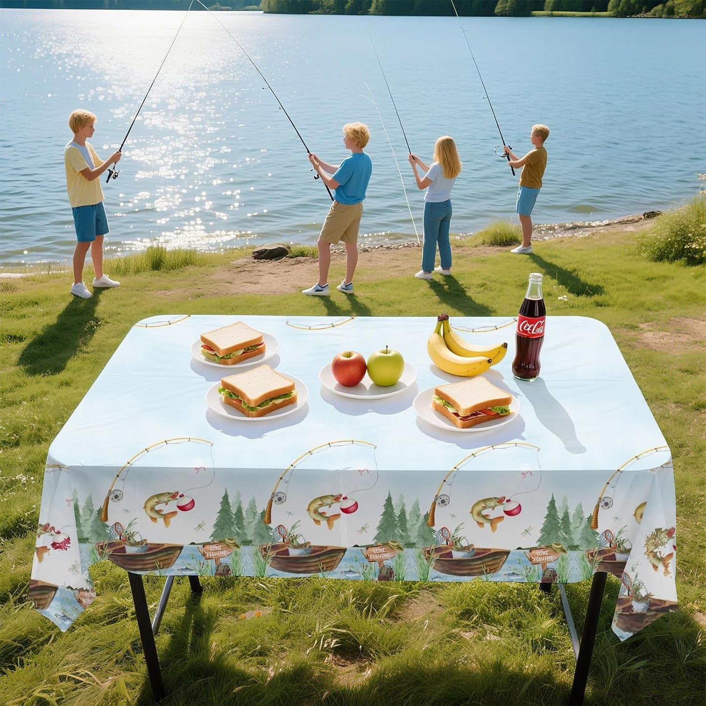 3Pcs Gone Fishing Party Tablecloth Fishing Birthday Plastic Table Cover Waterproof Little Fisherman Baby Shower Disposable Table Cloth for Ofishally One Retirement Party Decorations, 54 x 108 Inch