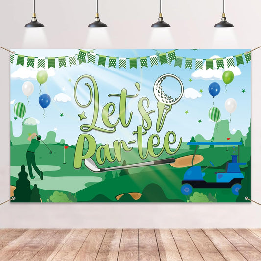 Golf Party Decorations Backdrop Banner - Let’s Par‑Tee Vinyl Photo Background for Retirement Birthday Decor, Golf Party Banners with Fairway Green Pattern Design (71x43 in)