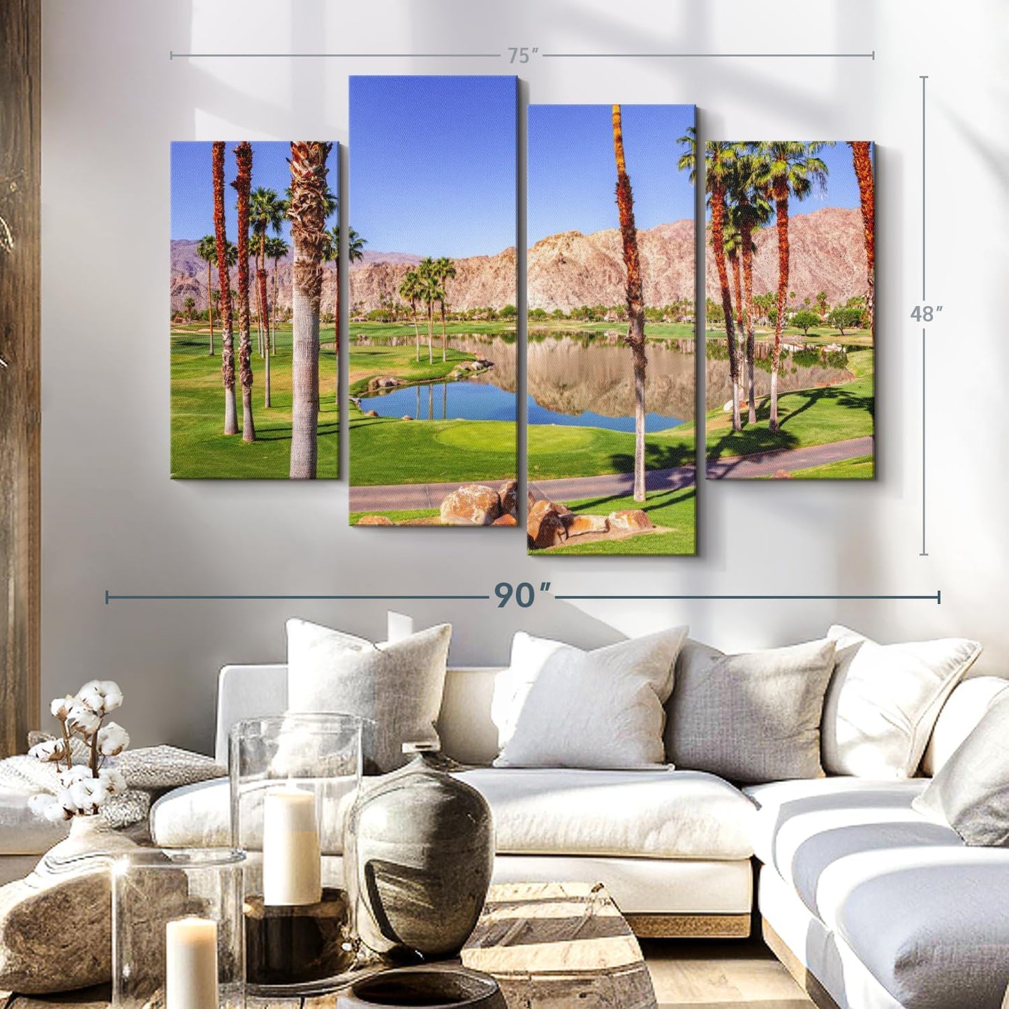 Elephant Stock La Quinta Golf Course Wall Art - Horizontal Canvas - 4-Piece Living Room Wall Decor - Photography Sports Canvas Print - Beige and Brown Decor for Wall - 75" X 48"