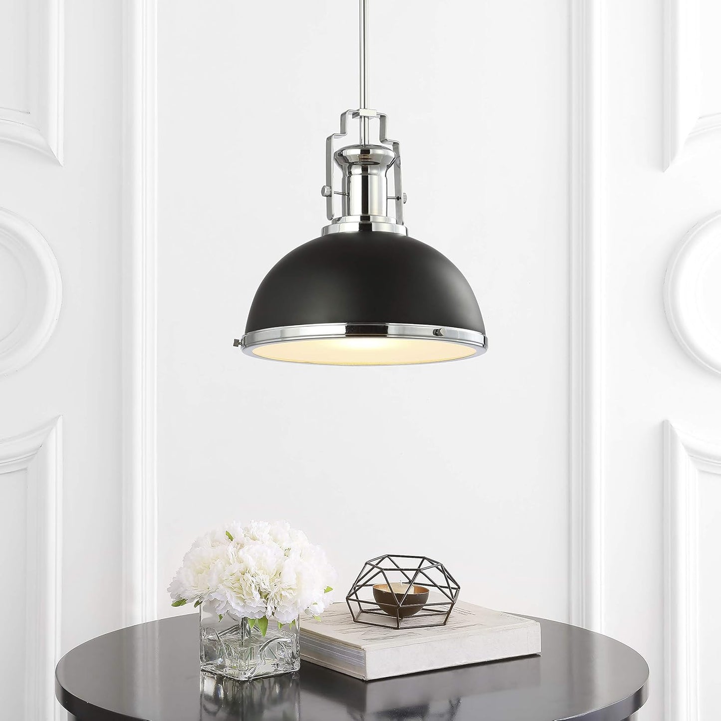 JONATHAN Y JYL9536B Homer 13" Adjustable Iron/Glass Vintage LED Kitchen Pendant for Living Room Bedroom, Classic Cottage, Black/Chrome