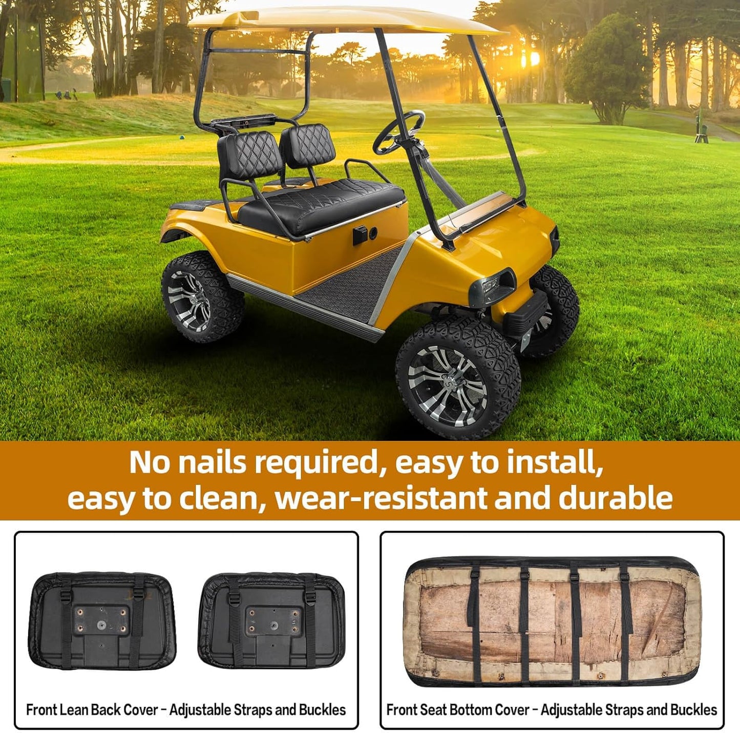 NOKINS Golf Cart Seat Covers Fit Club Car DS Pre-2000 OEM Ordinary Seats Only,Golf Cart Leather Diamond Replacement Front Seat Cover No Stapler Required/Anti-Fading/Anti-Scratch…