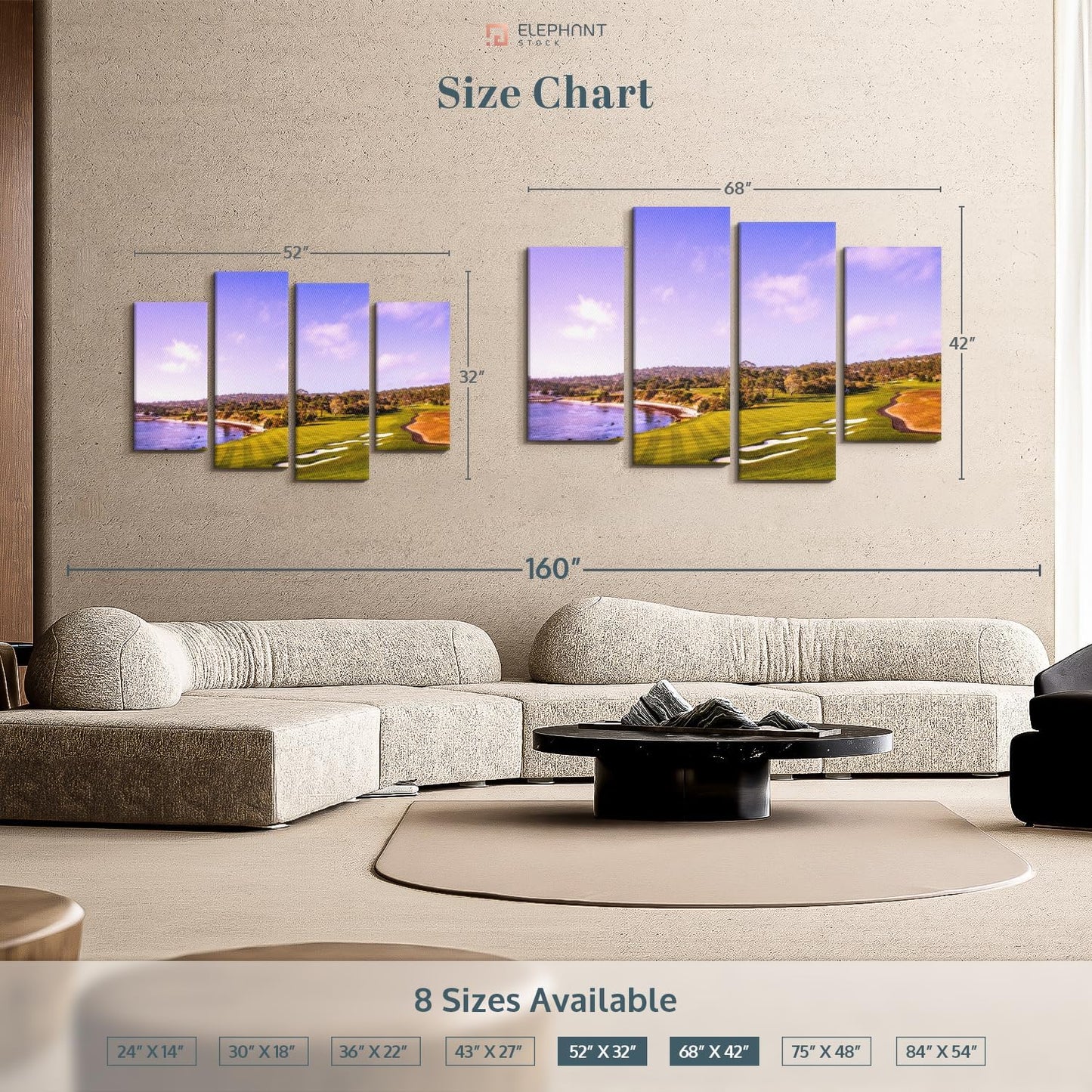 Elephant Stock Coastline Green Golf Course Wall Art - Horizontal Canvas - 4-Piece Living Room Wall Decor - Photography Sports Canvas Print - Blue and Gray Decor for Wall - 52" X 32"