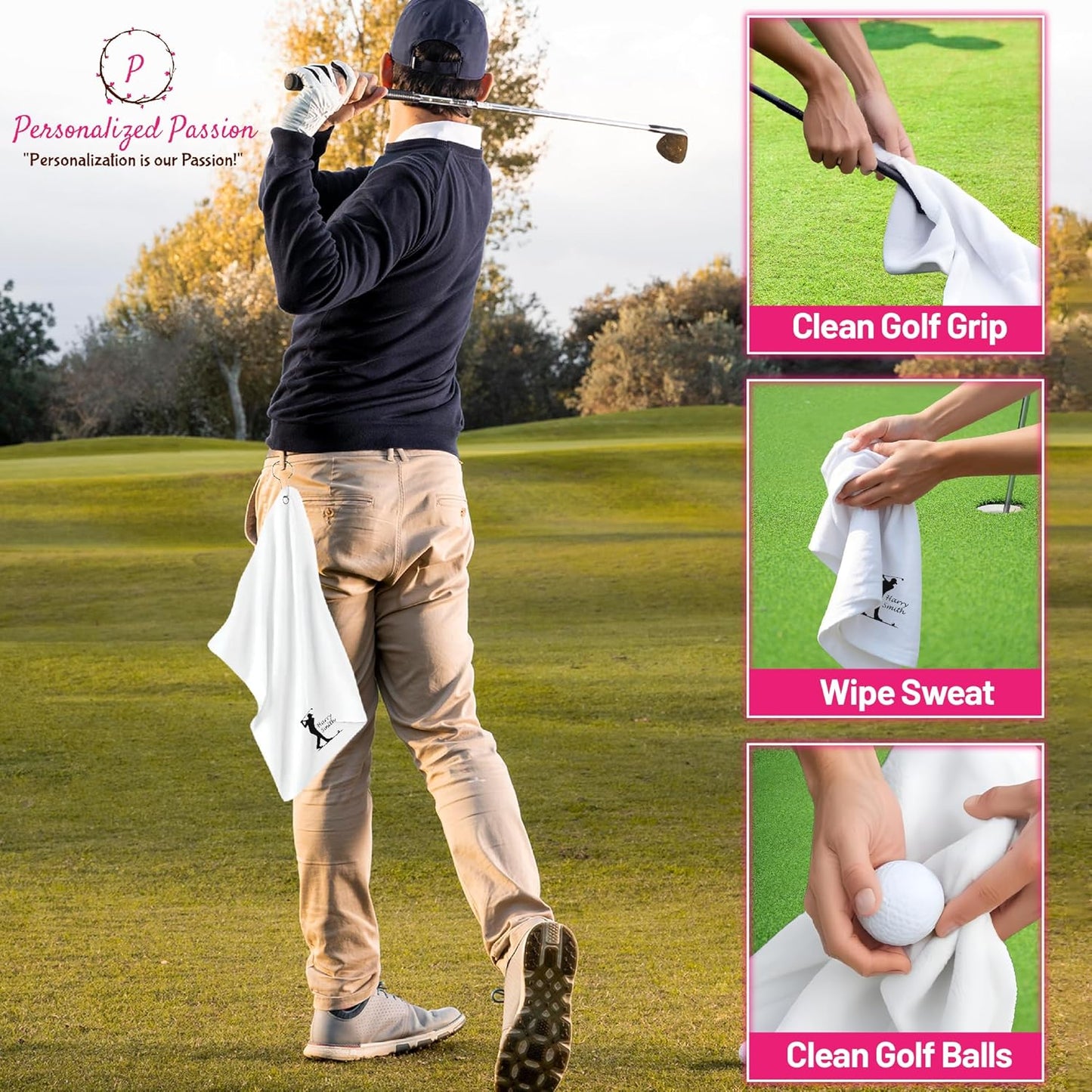 Personalized Passion Golf Towels with Corner Grommet - 16"x26" Customized Velour Cotton Golf Bag Towels with Name - Super Soft and Highly Absorbent - Quickly Remove Dirt and Sweat - Black