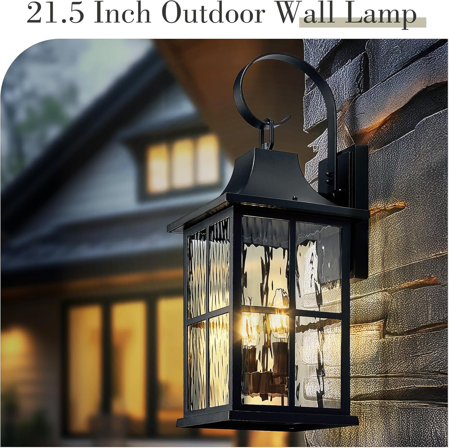 Emliviar 2-Light Large Outdoor Wall Sconce Lighting, 21.5" Outside Classic Porch Lamp in Black Finish, Wall Lantern with E12 Sockets, Water Ripple Glass, YXE306B-M BK-SW