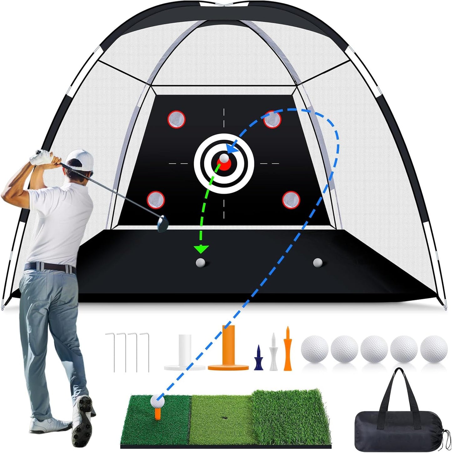 MoKo Golf Net with Practice Mat, 10 x 7 ft Golf Hitting Net for Outdoor Indoor Backyard Driving Chipping Swing Training, All-in-One Multi-Target Training Aid Practice Nets with Tri-Turf Mat