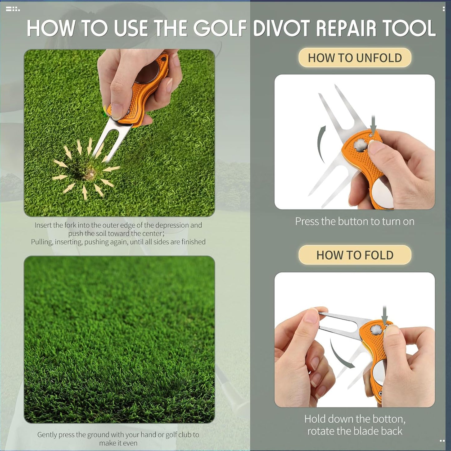 Skylety 4 Pcs Golf Divot Repair Tool Metal Foldable Golf Divot Tool with Magnetic Pop-up Button Ball Marker Stainless Steel Switchblade for Golfers Prizes