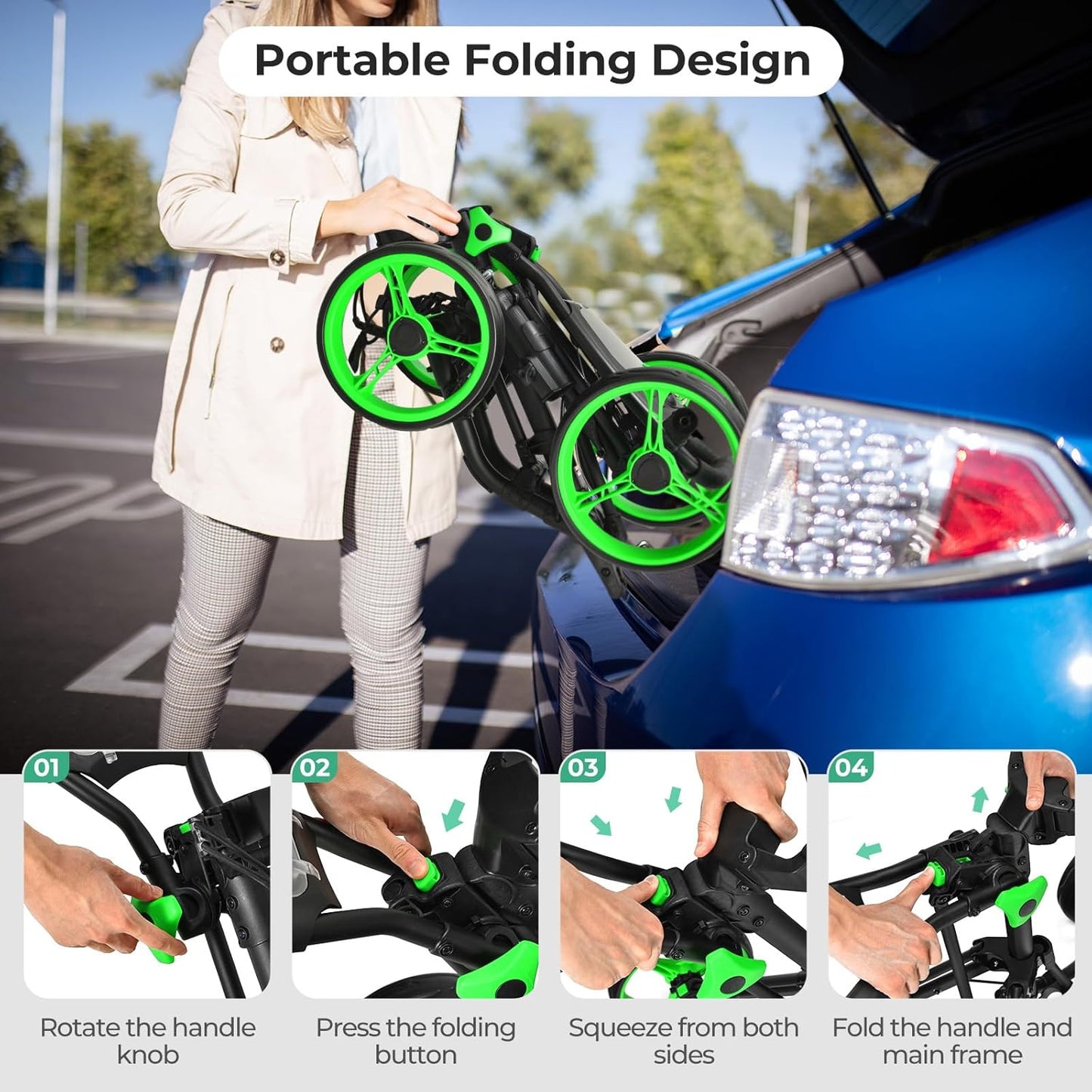 ULTIMATE 4 Wheel Golf Push Cart, Folding Golf Walking Cart w/Elastic Straps, Umbrella&Cup Holder, Scoreboard Storage, Lightweight Golf Trolley Cart w/Height Adjustable Handle&Foot Brake