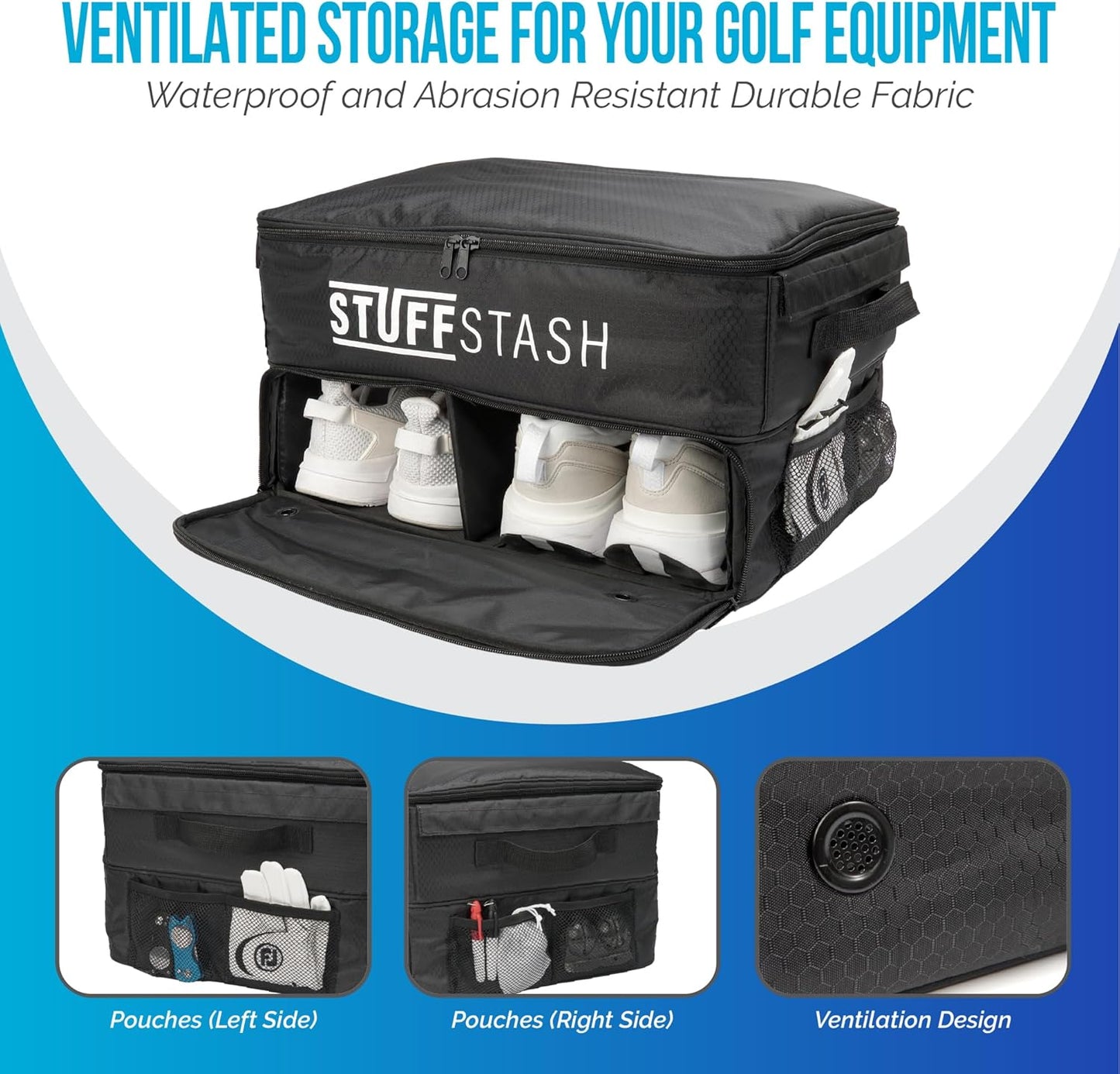 STUFFSTASH Golf Trunk Organizer for Car – Rigid, Won’t Collapse | Ventilated Shoe Compartment, Adjustable Dividers & Mesh Pockets | Golf Gift for Men & Women | Premium Car Trunk Storage Organizer