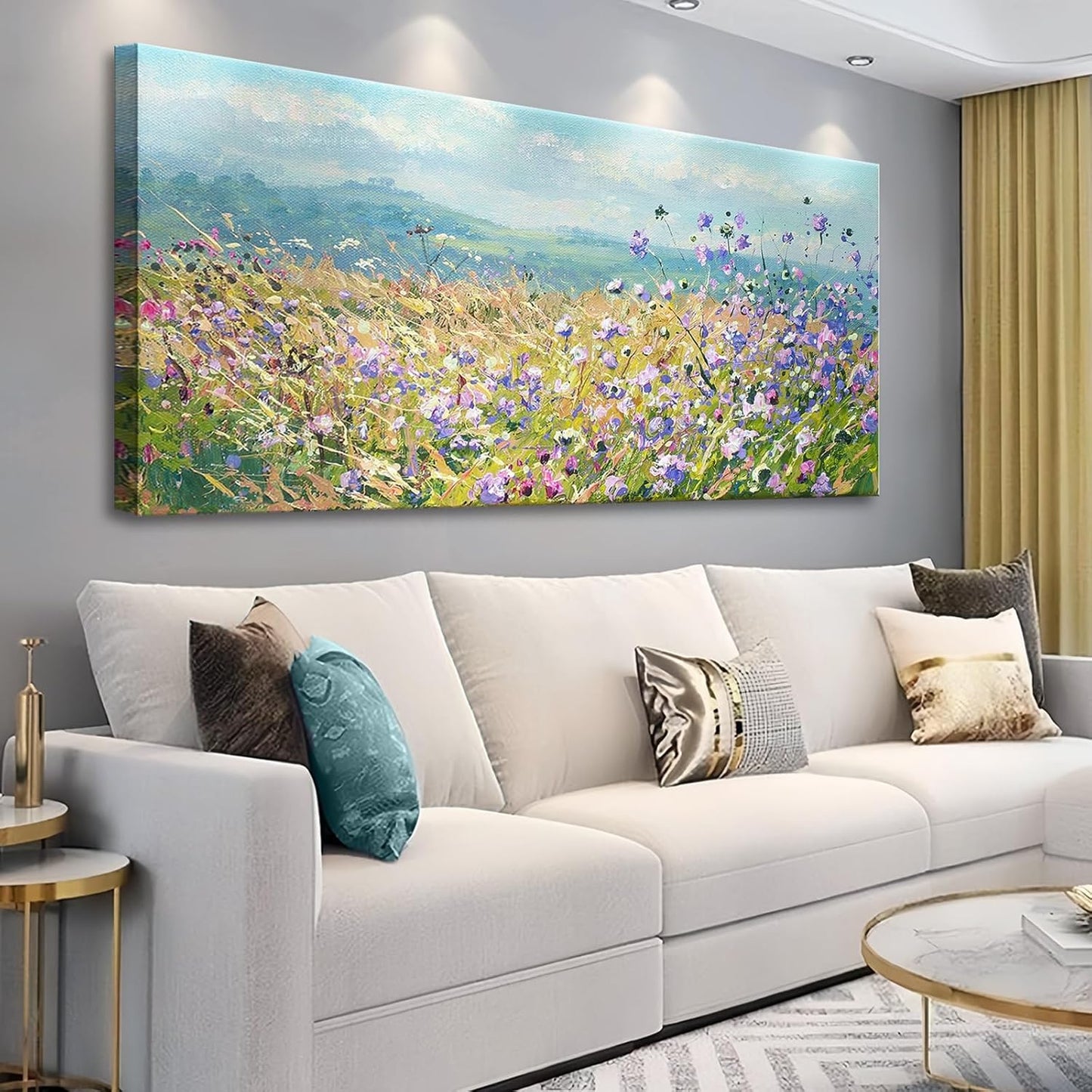 Rustic Wildflower Wall Art Farmhouse Colorful Floral Scenery Picture for Living Room Watercolor Daisy Flower Botanical Landscape Prints Nature Painting Bedroom Bathroom Home Decorations 48"x24"
