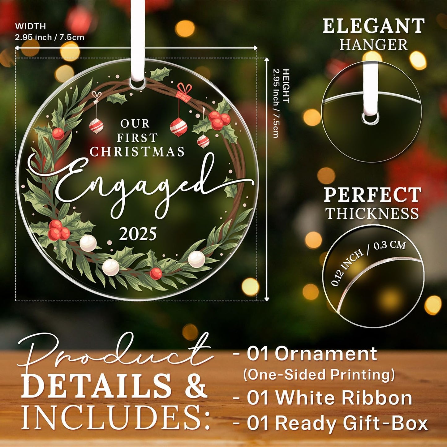 HEXMOZ Engagement Gifts for Couples - Engagement Gift for Women, Fiance, Her, Bride to Be, Newly Engaged Couples - First Christmas Engaged Acrylic Ornament 2025 - Party Decorations
