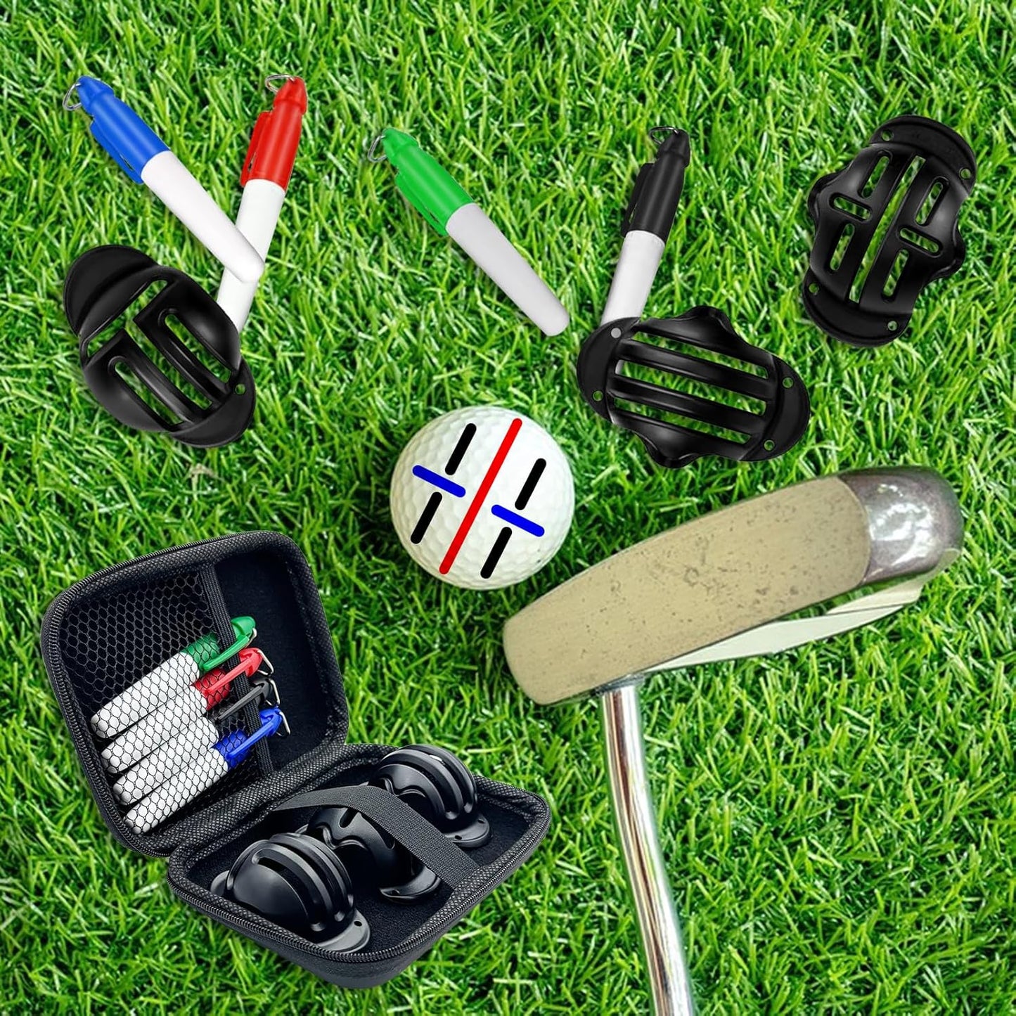 Golf Ball Marker Set with Carry Case, 3 Golf Ball Marking Stencils and 4 Color Golf Ball Markers, Golf Ball Marker Liner Marker, Golf Ball Alignment Marking Tool