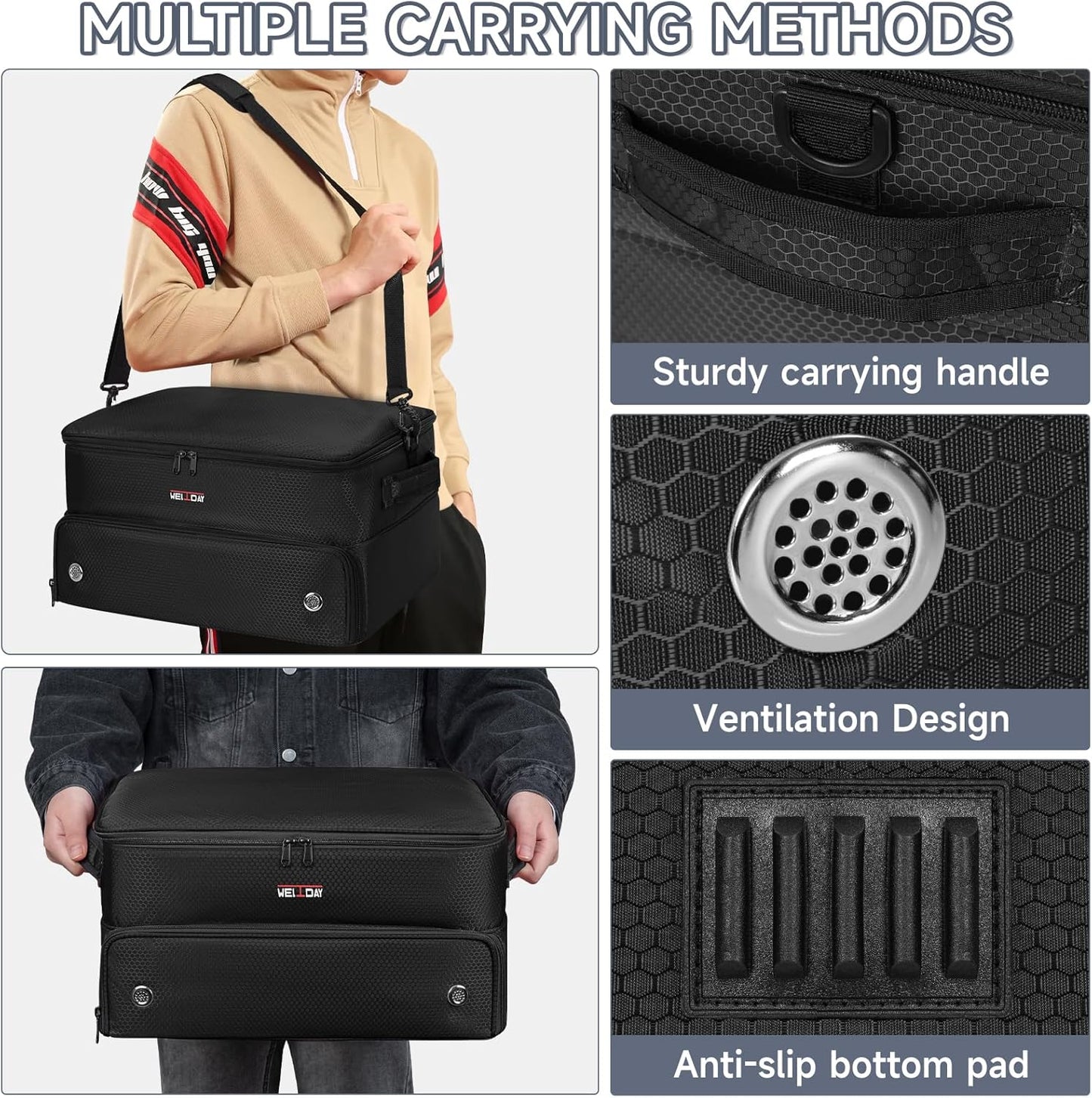 ANILD Golf Trunk Organizer, 2 Layer Golf Storage Case with Separate Ventilated Compartment for 2 Pair Shoes, for Balls, Tees, Clothes, Gloves, Accessories, Golfer Gifts