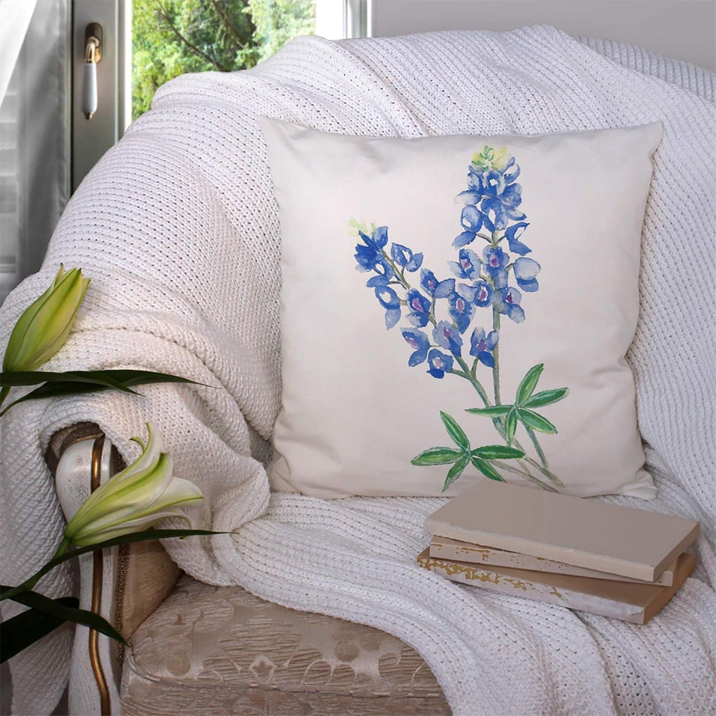 Throw Pillow Covers Blue Texas Watercolor Bluebonnet Cotton Linen Decorative Square Pillowcases Cushion Cover 18 X 18 Inch