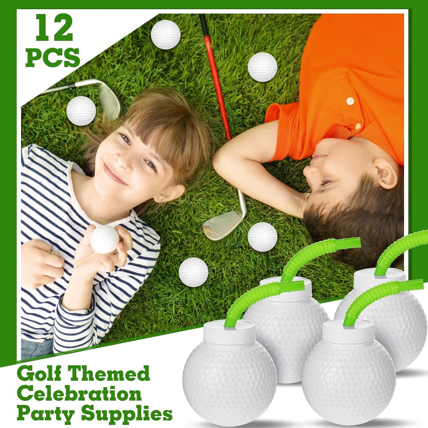 Sawysine 12 Set Golf Ball Cups with Straws and Lids - 10 oz Reusable Golf Plastic Cups Bulk for Kids Birthday Theme Party Supplies