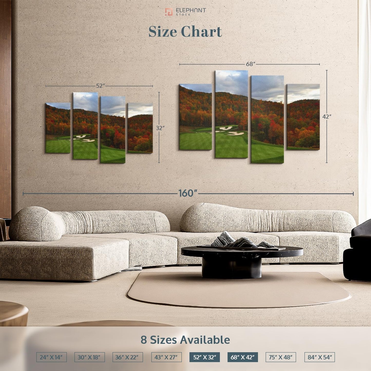 Elephant Stock Autumn Golf Course Wall Art - Horizontal Canvas - 4-Piece Living Room Wall Decor - Photography Sports Canvas Print - Blue and Orange Decor for Wall - 68" X 42"