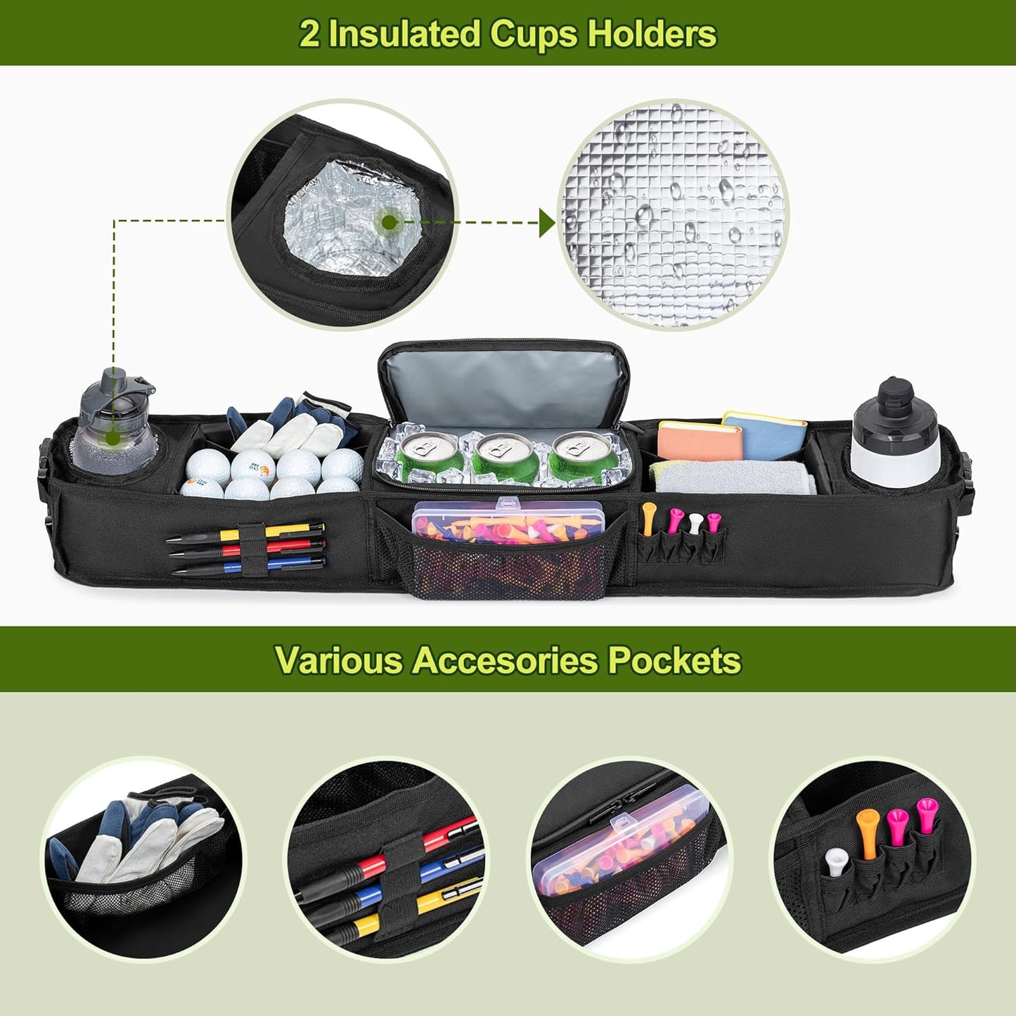 Golf Cart Storage Tray, No-Drilling Front Storage Basket Compatible with EZGO, Club Car, Kandi Golf Carts, Organizer with Cooling Compartment (Patent Design)
