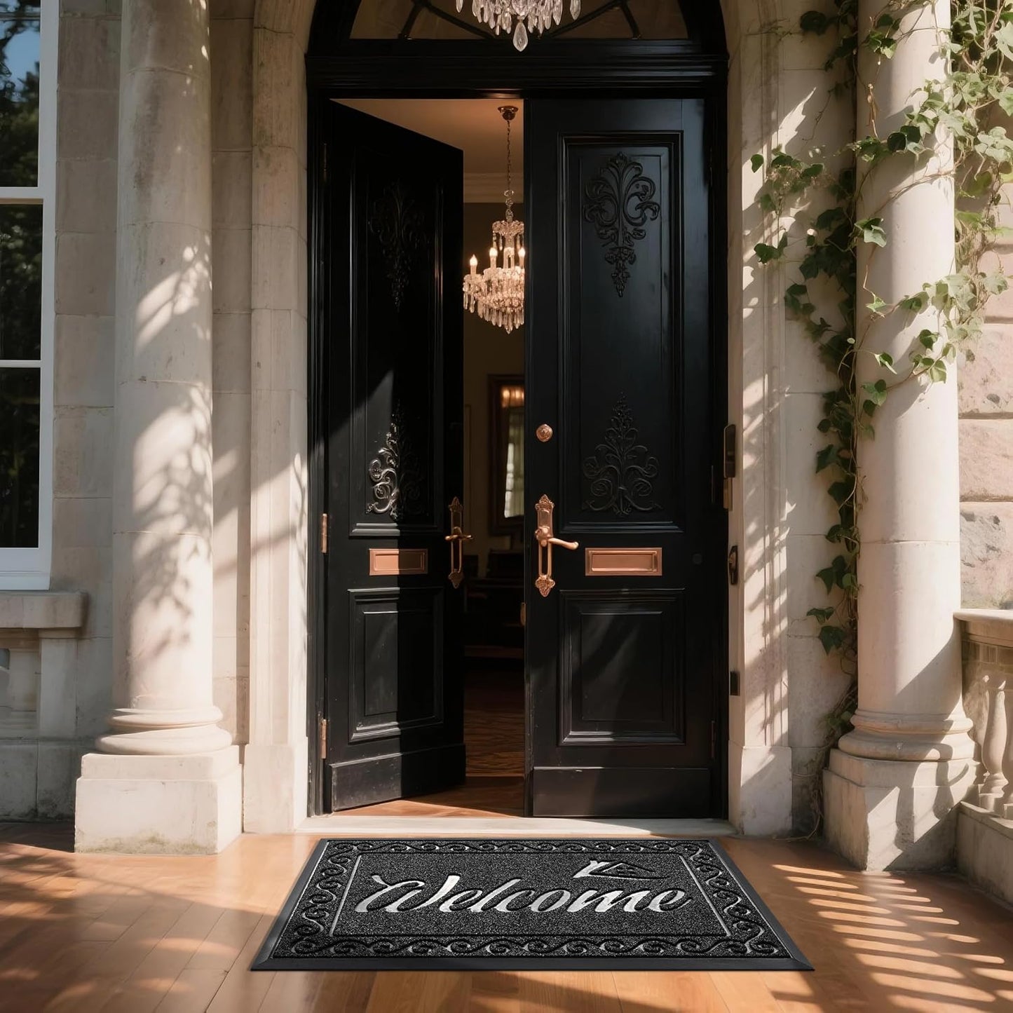 Yimobra Welcome Mat, Heavy Duty Sturdy Door Mats for Home Entrance Outdoor Indoor, Front Doormat for Outside Patio Floor Entry Porch Garage Office, Waterproof, Low Profile, 47X32 Inches, Black