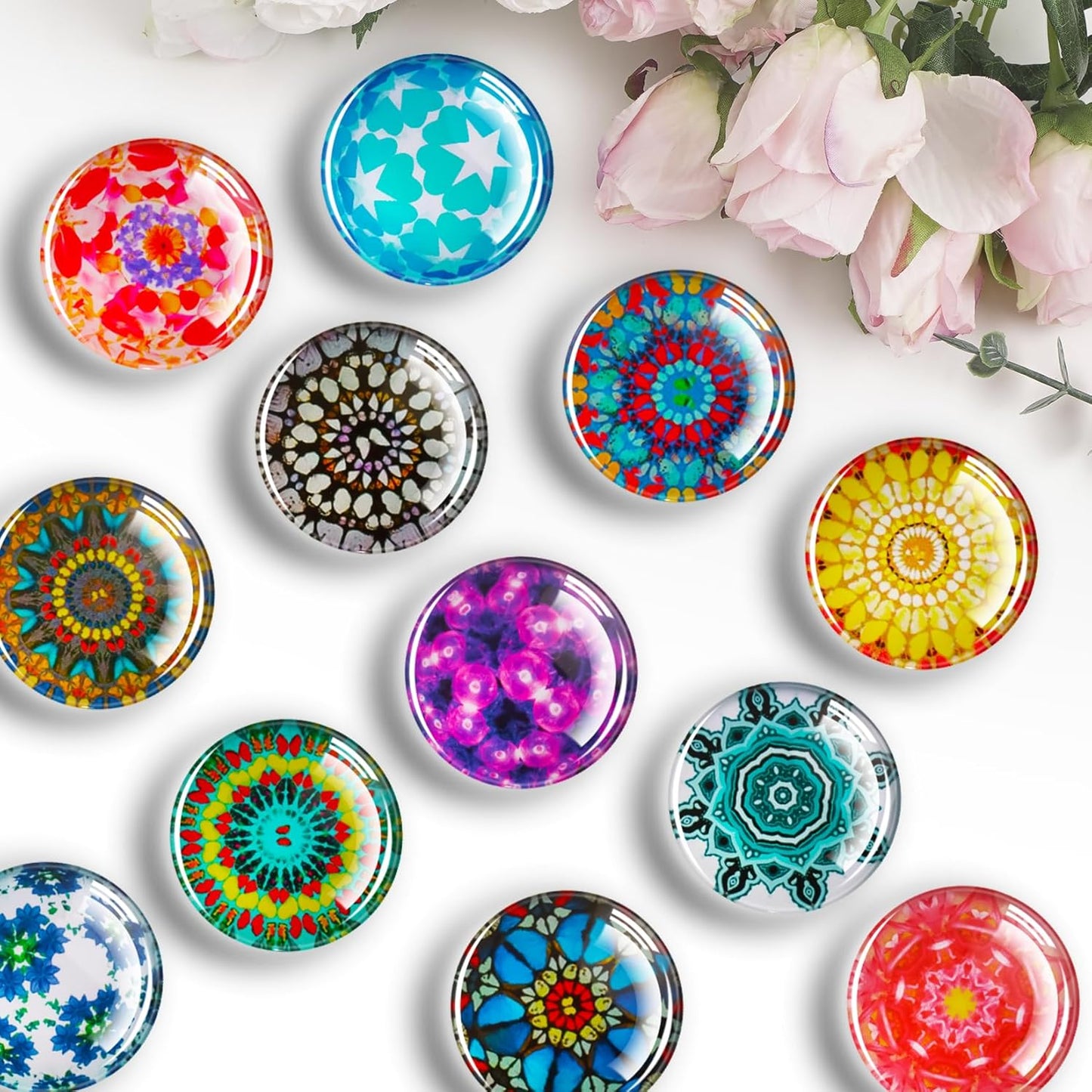 FINDMAG 12 Pcs Glass Fridge Magnets, Cute Fridge Magnet Sticker, Strong Refrigerator Magnets Heavy Duty, Small Magnets for Whiteboard, Classroom, Kitchen, Office, Home and Cabinet