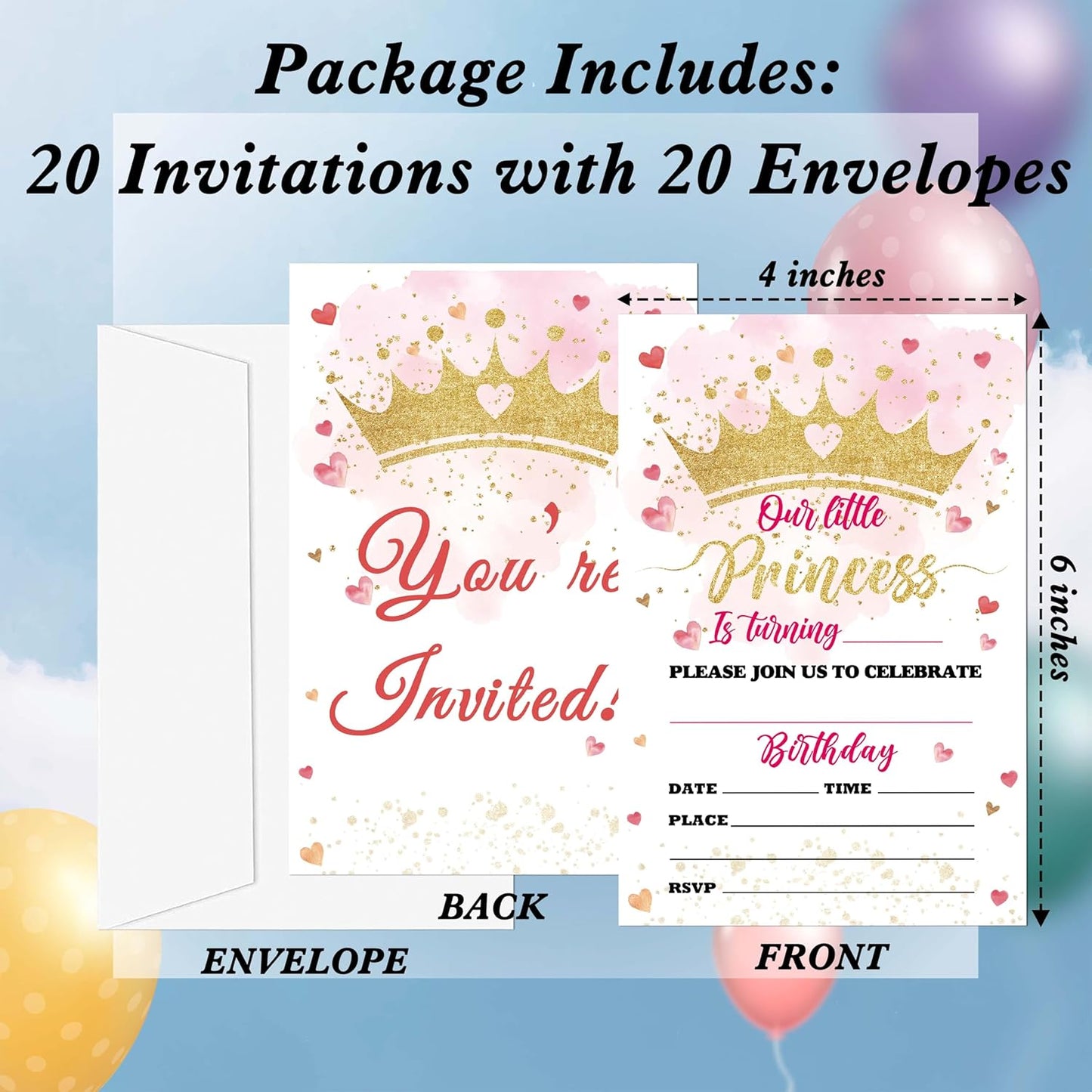 Princess Birthday Invitations, 20 Invitation Cards with Envelopes, Lovely Heart Invites for Girl Party Decorations Favor Supplies - A07