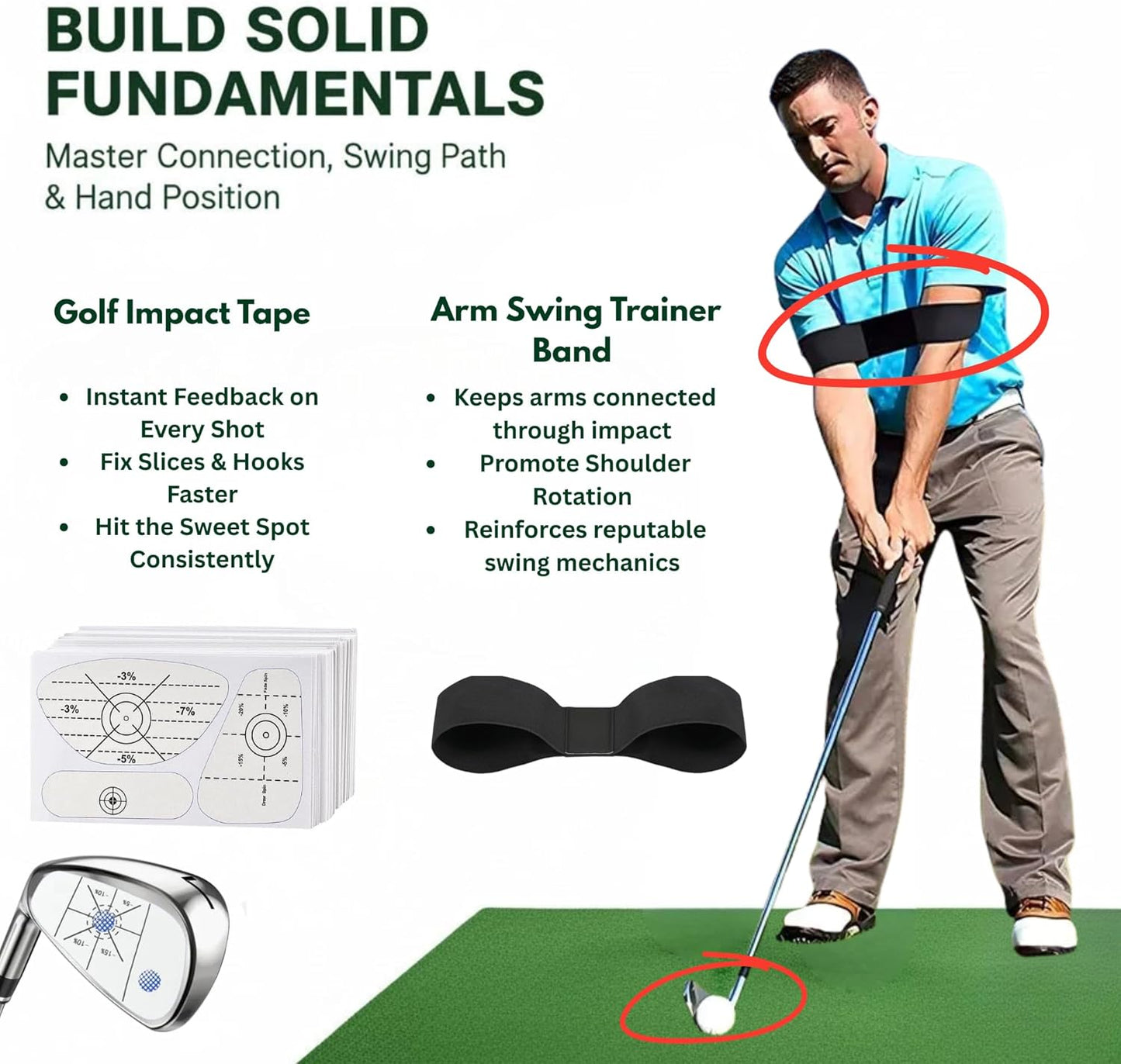 5-in-1 Golf Hitting Mat Set, Golf Accessories, Bag, Swing Path Feedback, Artificial Turf, Impact Tape, Arm Band & Replaceable Layer, Golf Mats Practice Outdoor/Indoor, Gifts for Golfers