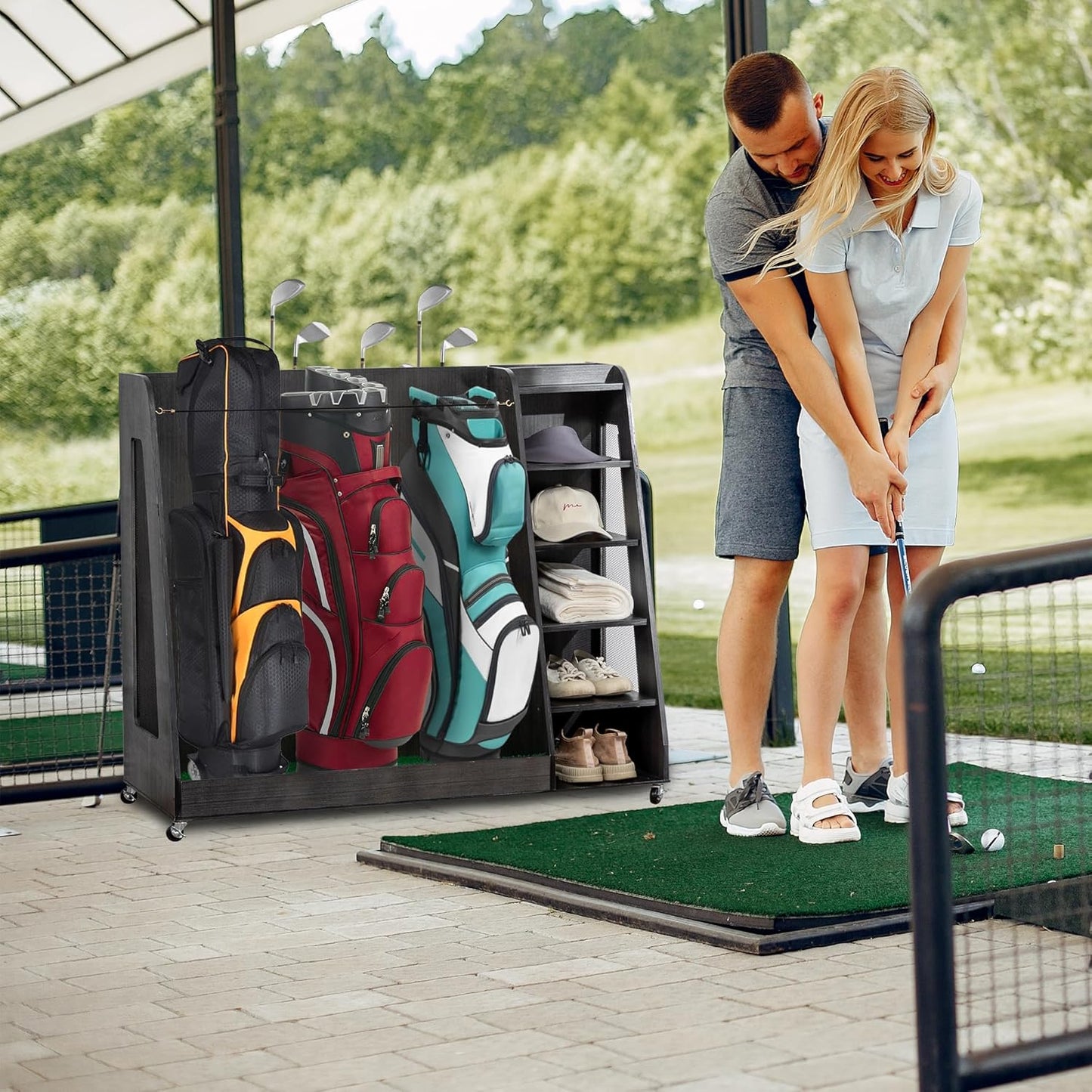 Golf Bag Organizer Storage Rack Stand Holder Fits 2 Extra Large Golf Club Bags and Multiple Golfing Equipment Accessories for Garage Home Simulator and Office