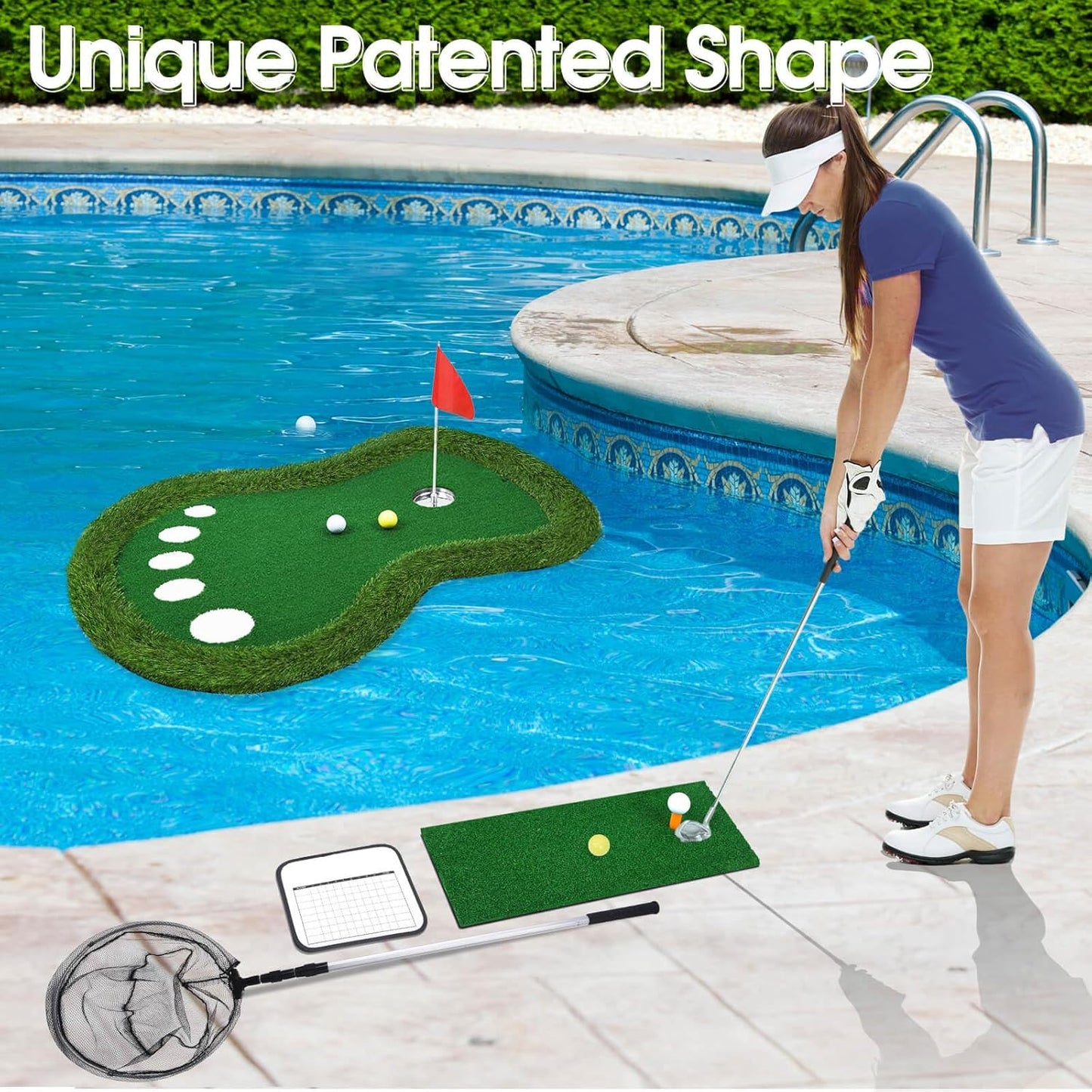 Floating Golf Green for Pool, Patented Pool Golf Game Floating Mat with Ball Retrieve Net/Scoreboard for Party & Training