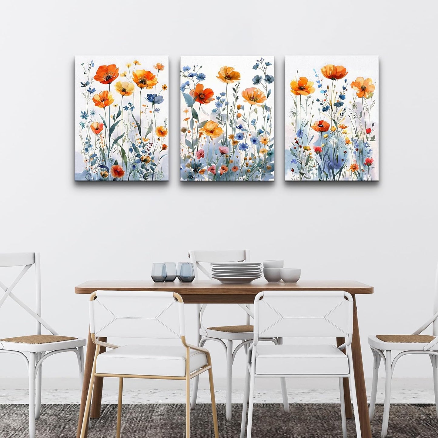 TTHYUEWS Boho Wall Art for Living Room & Bedroom - Modern Wall Decorations - 3 Piece Set - Flowers Watercolour Paintings & Posters - Home Decor