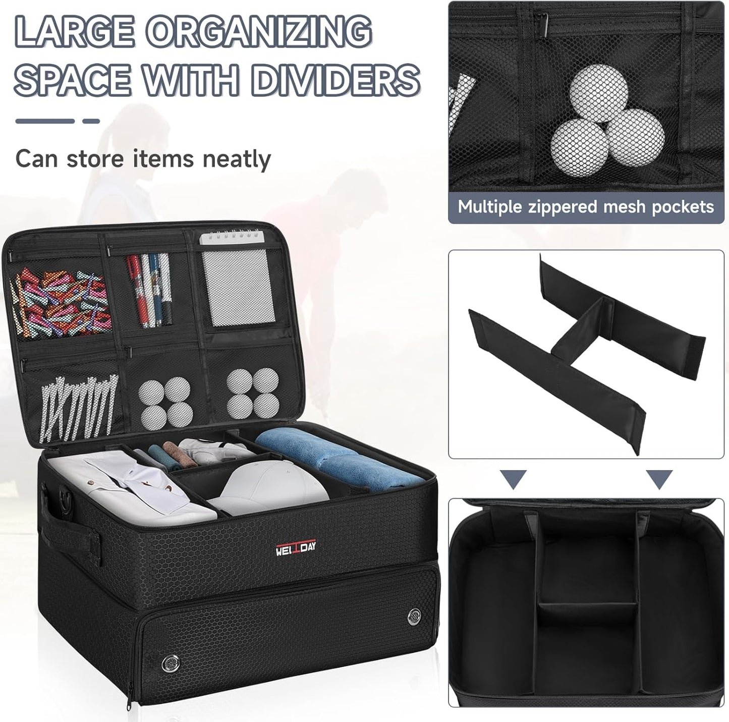 ANILD Golf Trunk Organizer, 2 Layer Golf Storage Case with Separate Ventilated Compartment for 2 Pair Shoes, for Balls, Tees, Clothes, Gloves, Accessories, Golfer Gifts