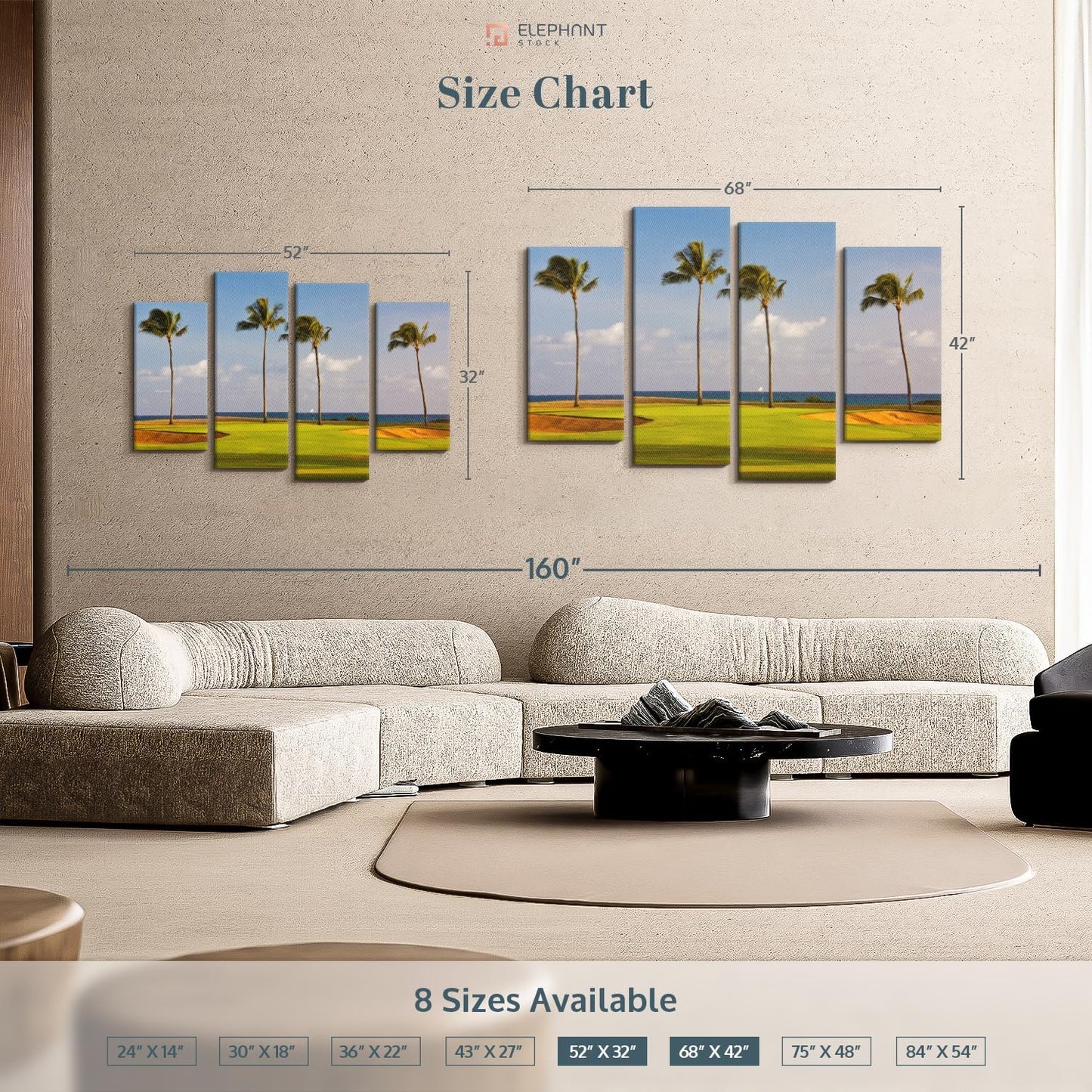 Elephant Stock Hawaiian Golf Course Wall Art - Horizontal Canvas - 4-Piece Living Room Wall Decor - Photography Sports Canvas Print - Green and Yellow Decor for Wall - 68" X 42"