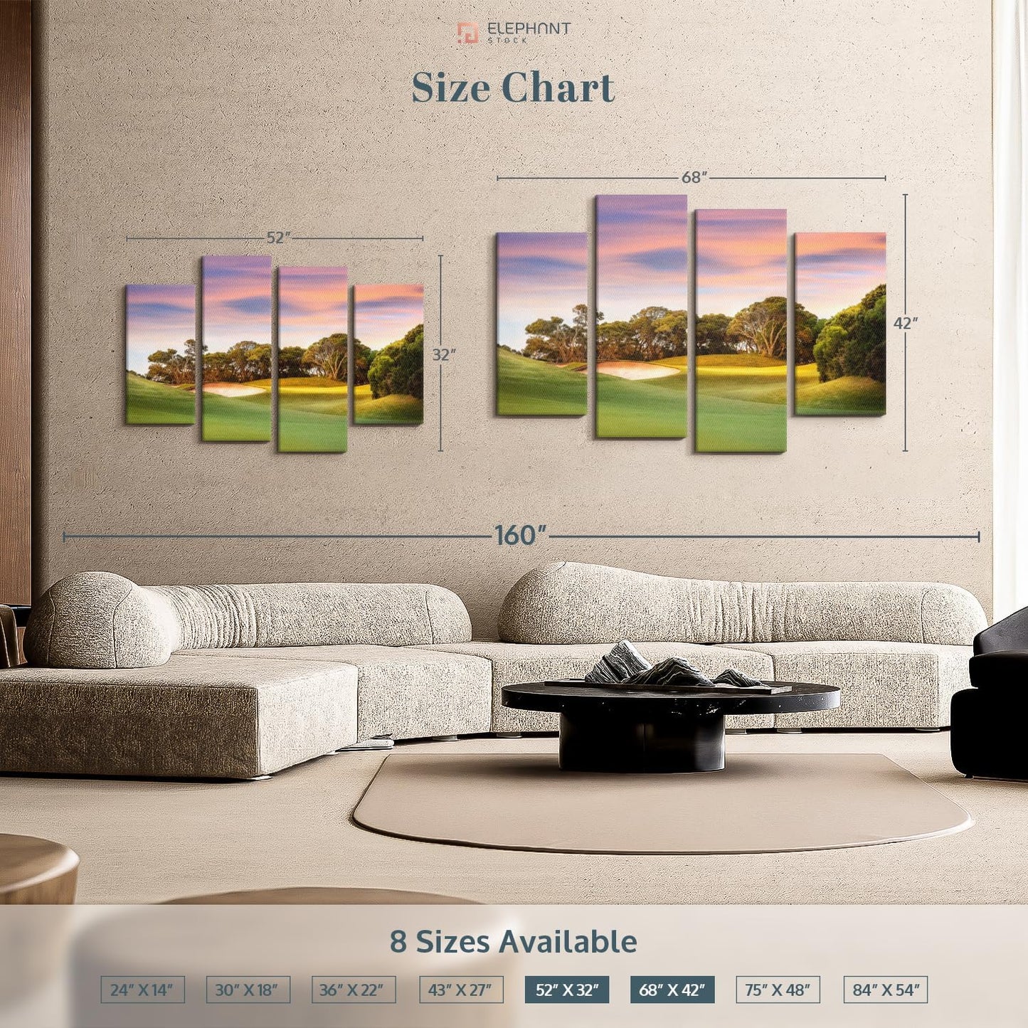 ElephantStock Golf Course Sundown Wall Art - Horizontal Canvas - 4-Piece Living Room Wall Decor - Photography Sports Canvas Print - Orange and Blue Decor for Wall - 68" X 42"