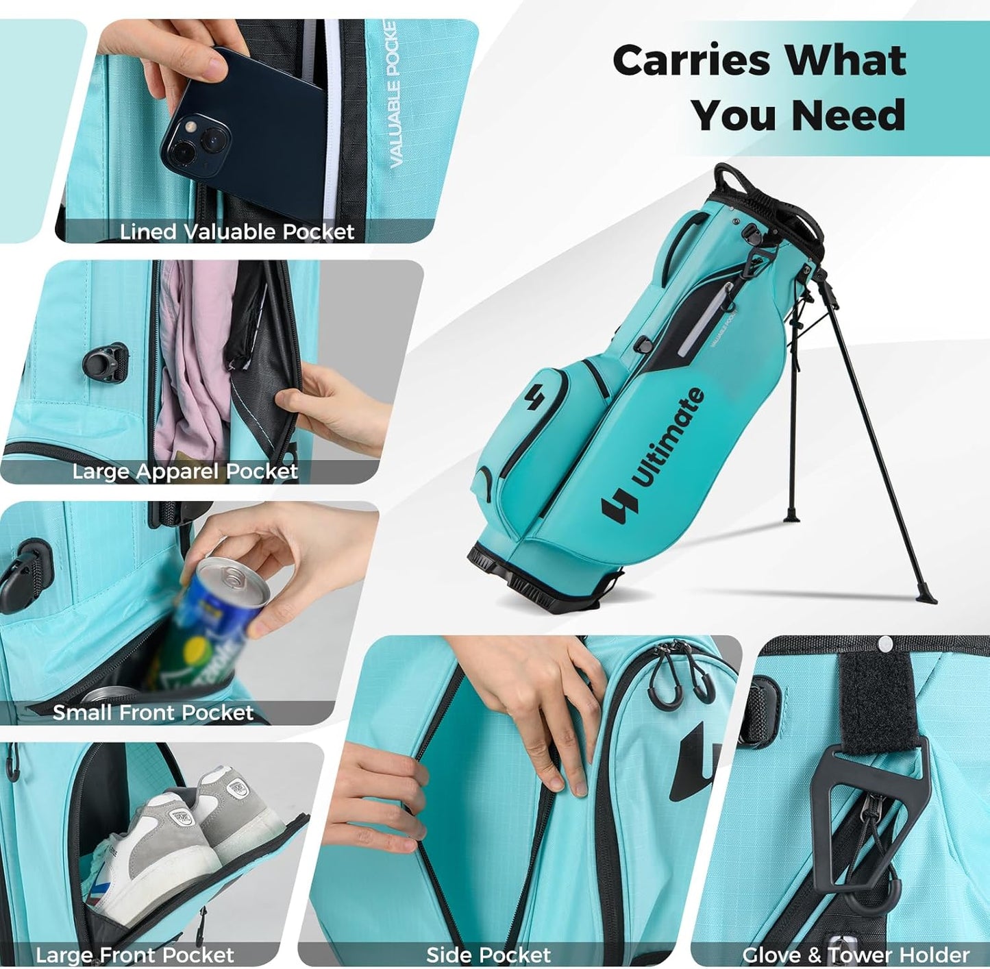 ULTIMATE Golf Stand Bag, 8-Way Golf Bag with 5 Pockets, Rain Hood, Detachable Dual Shoulder Strap, Lumbar Pad, Handles, Portable Golf Club Bag for Men & Women