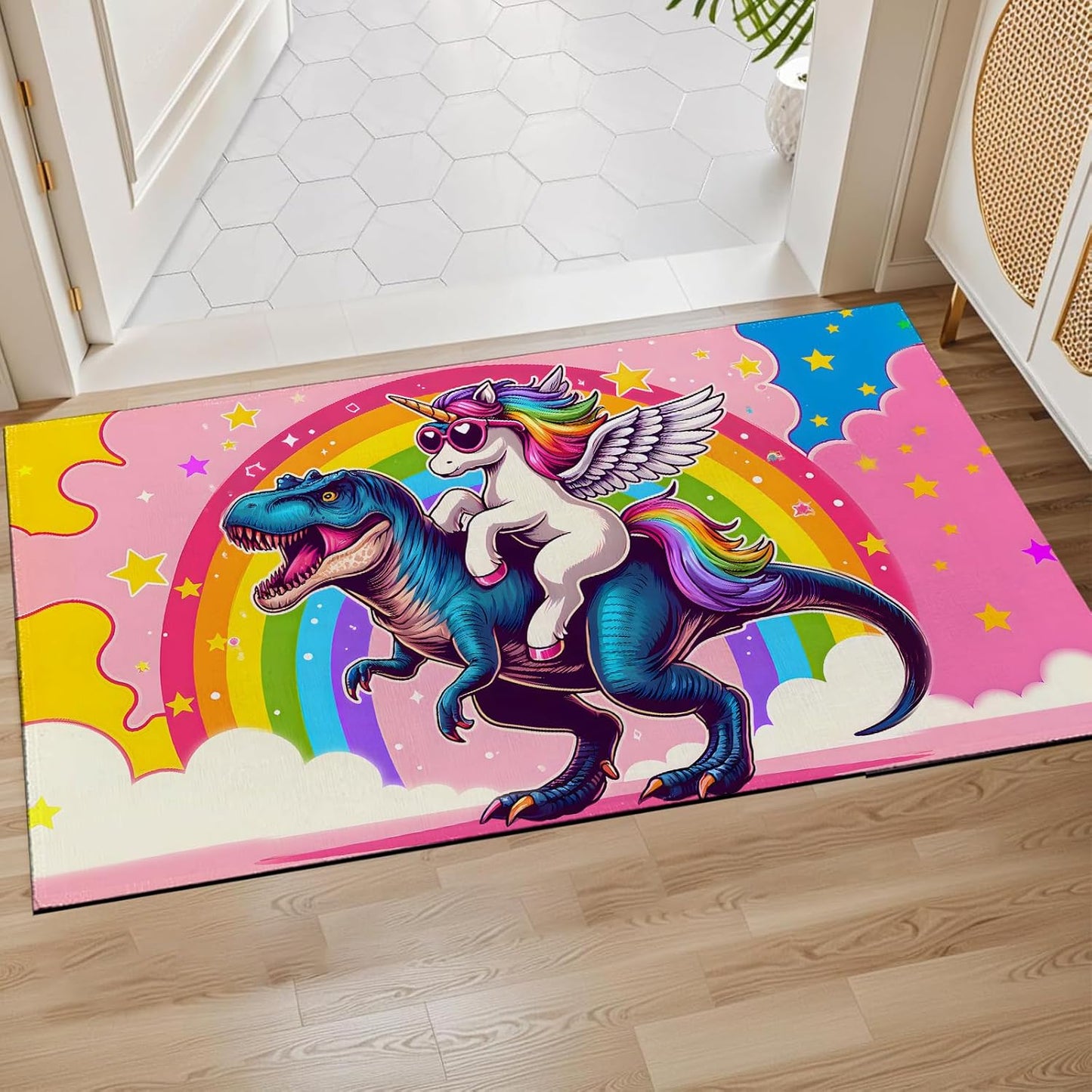 Fun Dinosaur and Unicorn Indoor Door Mat,Colorful Fantasy Floor Doormat,17x29.5in,Non Woven Non Slip Rubber Backing Magic Animal Rug for Porch Insider,Kitchen,Doormats Gifts,Rv Camper Decor
