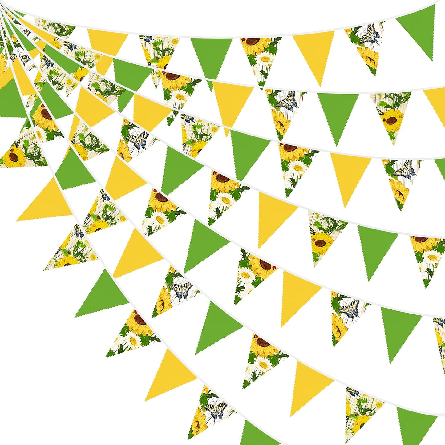 32Ft Yellow Green Pennant Banner Fabric Sunflower Butterfly Triangle Flag Bunting Garland for Spring Summer Party Decorations Birthday Wedding Baby Shower Tea Party Outdoor Garden Hanging Decorations
