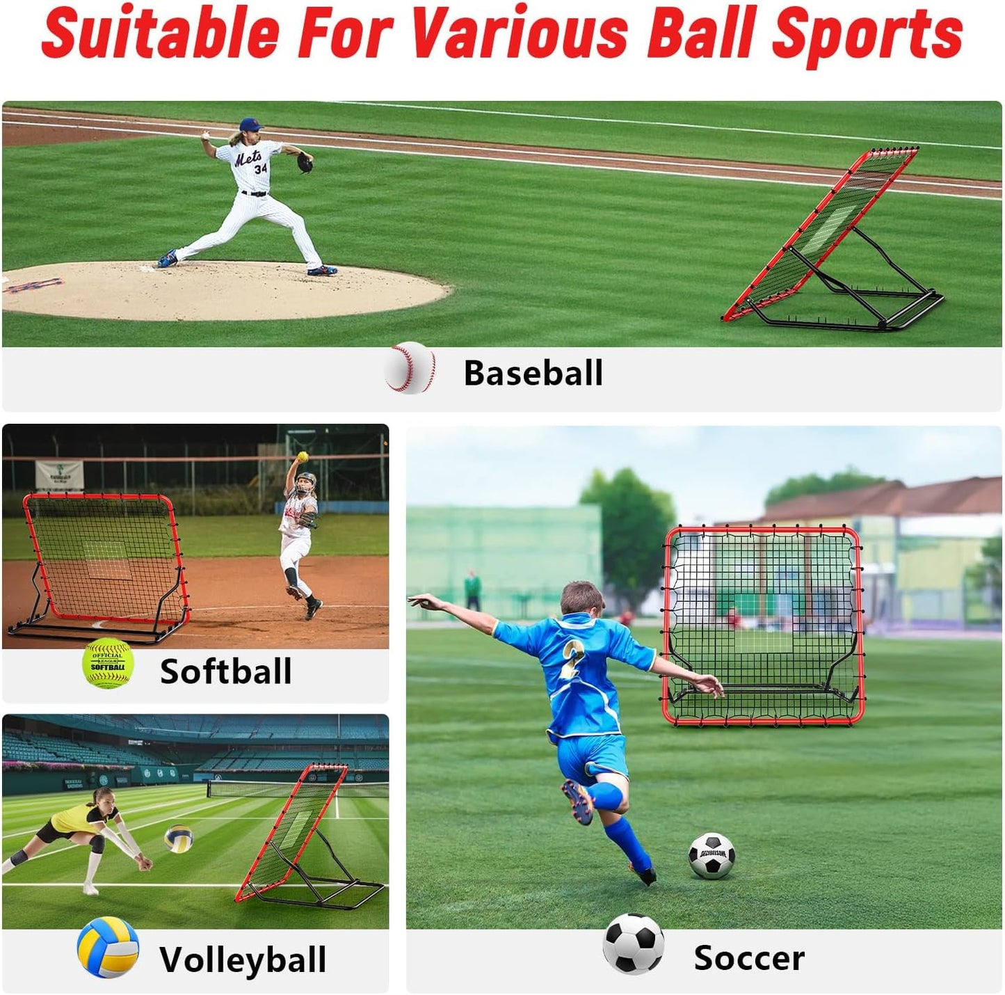 Baseball Rebounder ,4x4.5FT Soccer Rebounder with 4 Adjustable Angles, 28 Bungee Cords to Adjust Elastic, Sports Equipment for Soccer/Baseball/Softball/Volleyball Training,Pitchback Net for All Levels