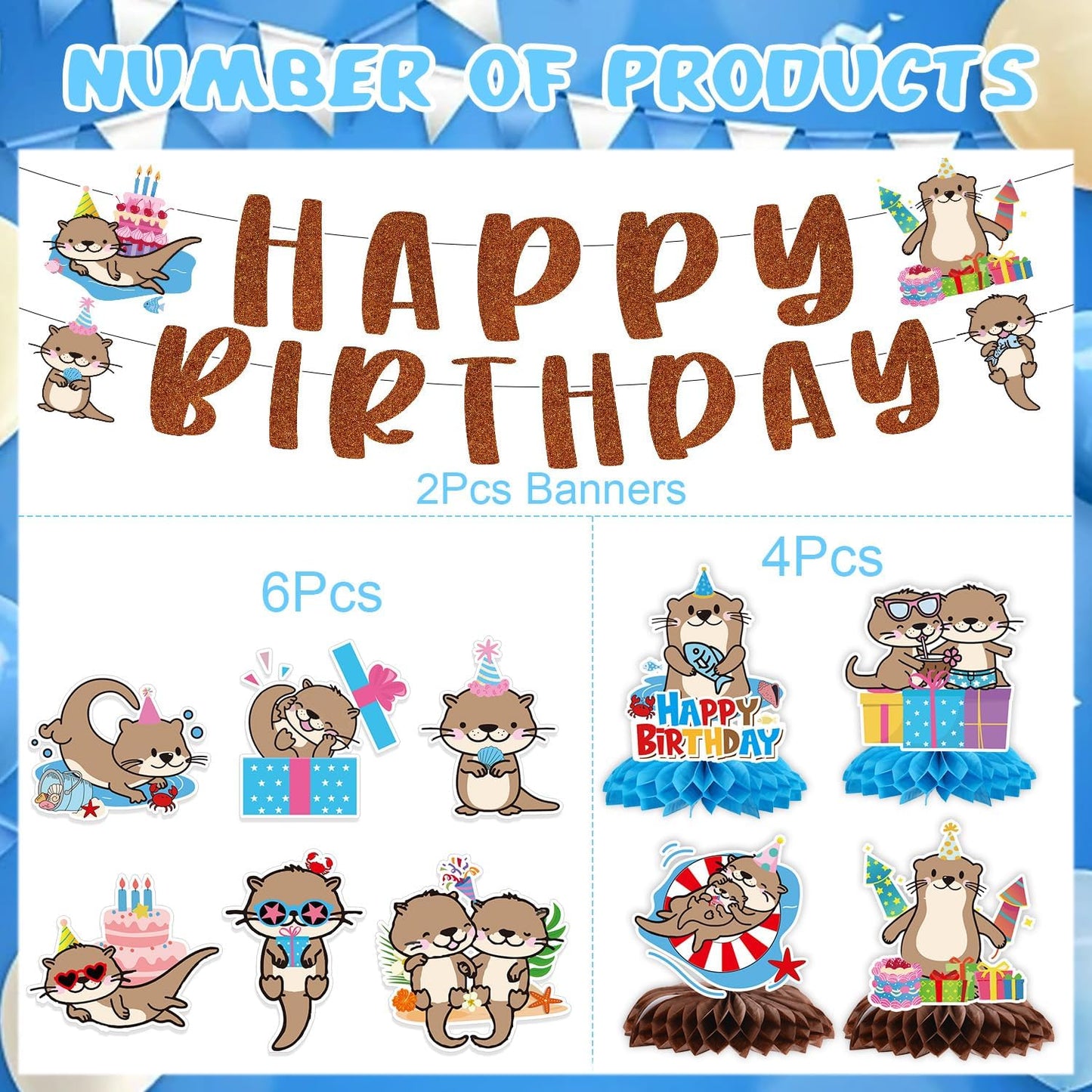 Otter Birthday Party Decorations - 12PCS Sea Otter Party Decorations Happy Birthday Banners Hanging Swirls Honeycomb Centerpieces Under the Sea Ocean Animal Themed Supplies Decor