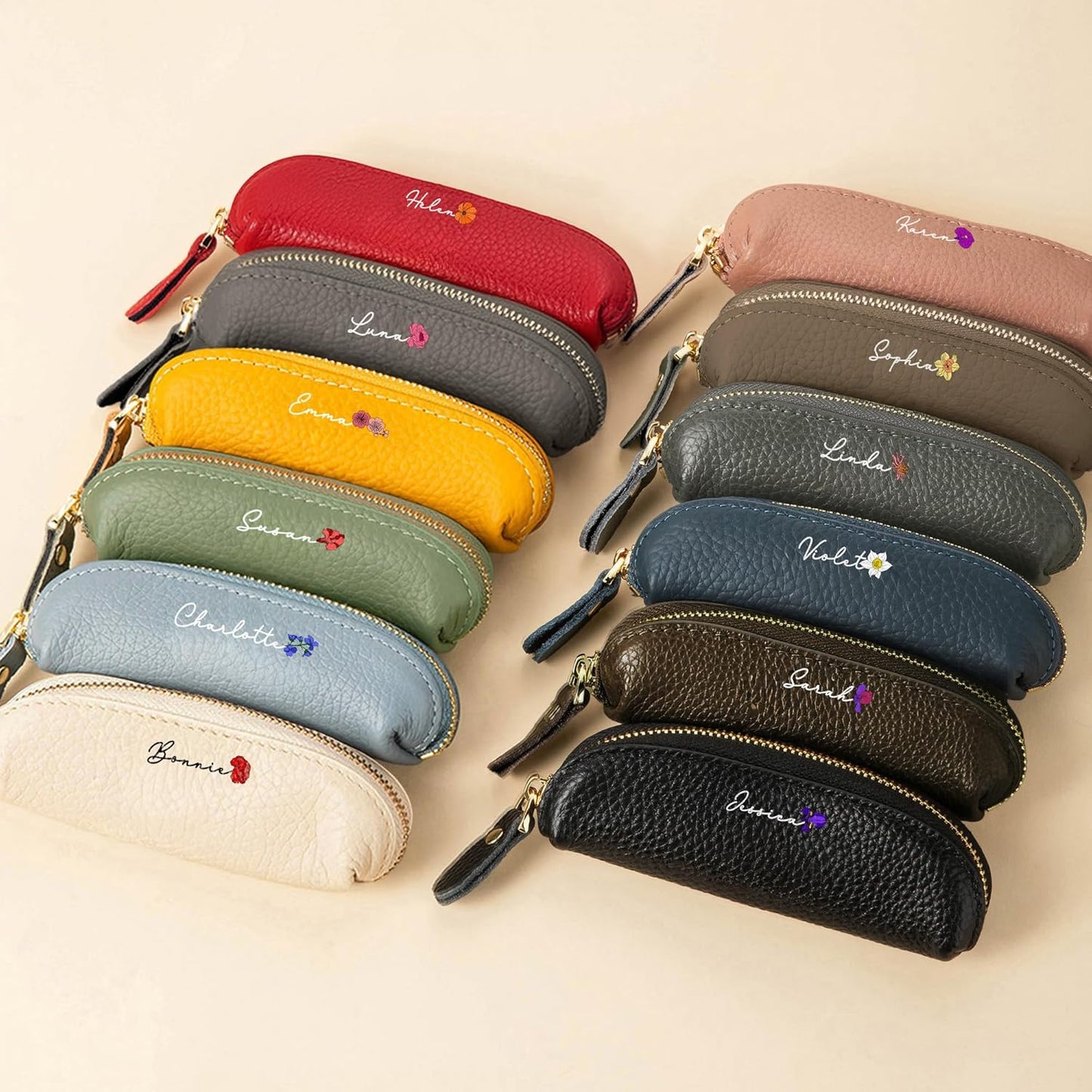 Personalized Birth Flower Multicolor Mini PU Leather Coin Purse Zipper Small Coin Change Pouch Makeup Bag with Name Travel Essential Birthday Gift for Women