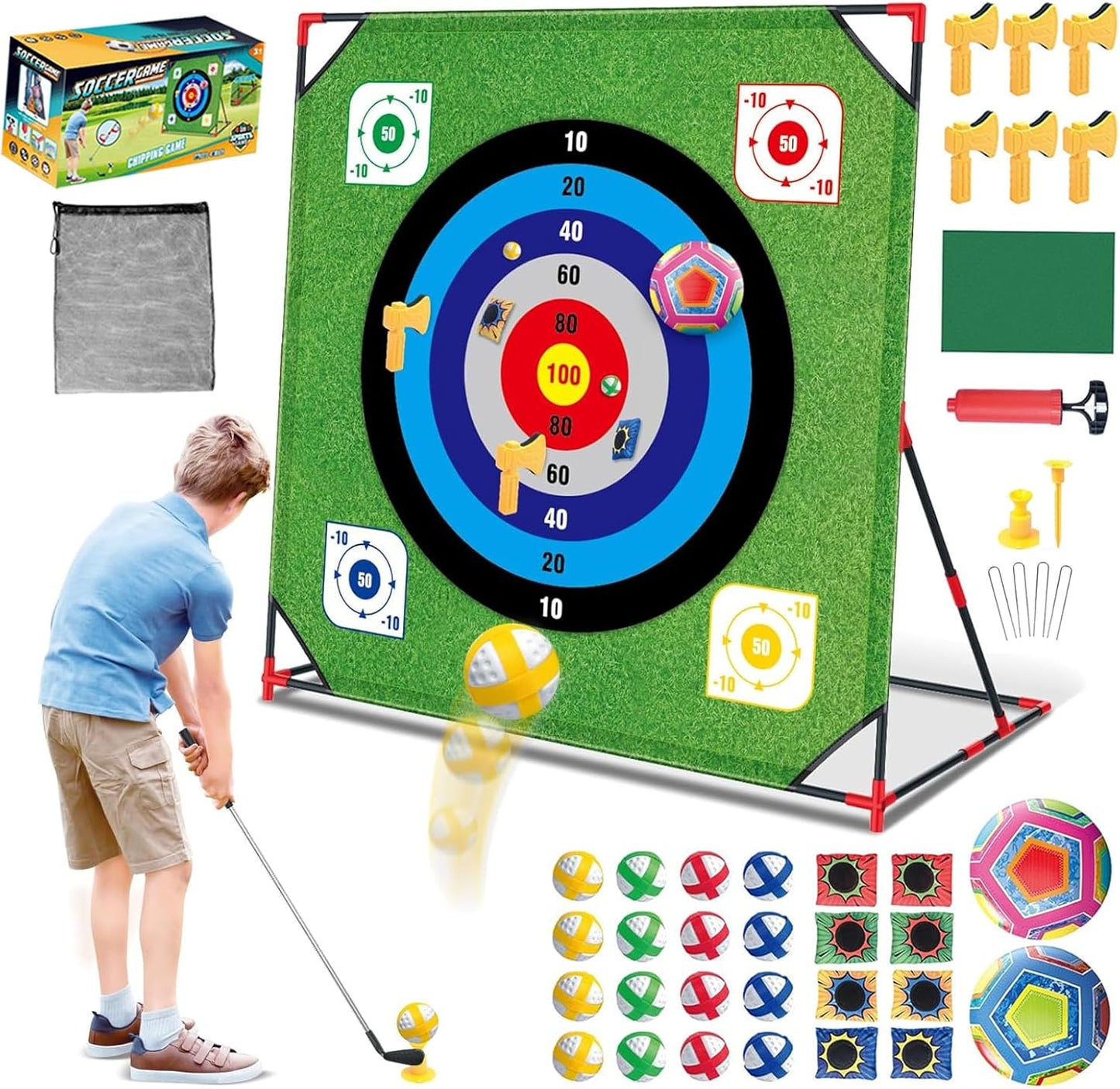 Golf Chipping Game with Stand, 4 in 1 Battle Golf Game with Putting Mat, 16 Sticky Balls, 8 Bean Bags, 6 Axes, 2 Soccer Balls, Indoor Outdoor Chip Sticky Practice Set for Teen & Adult