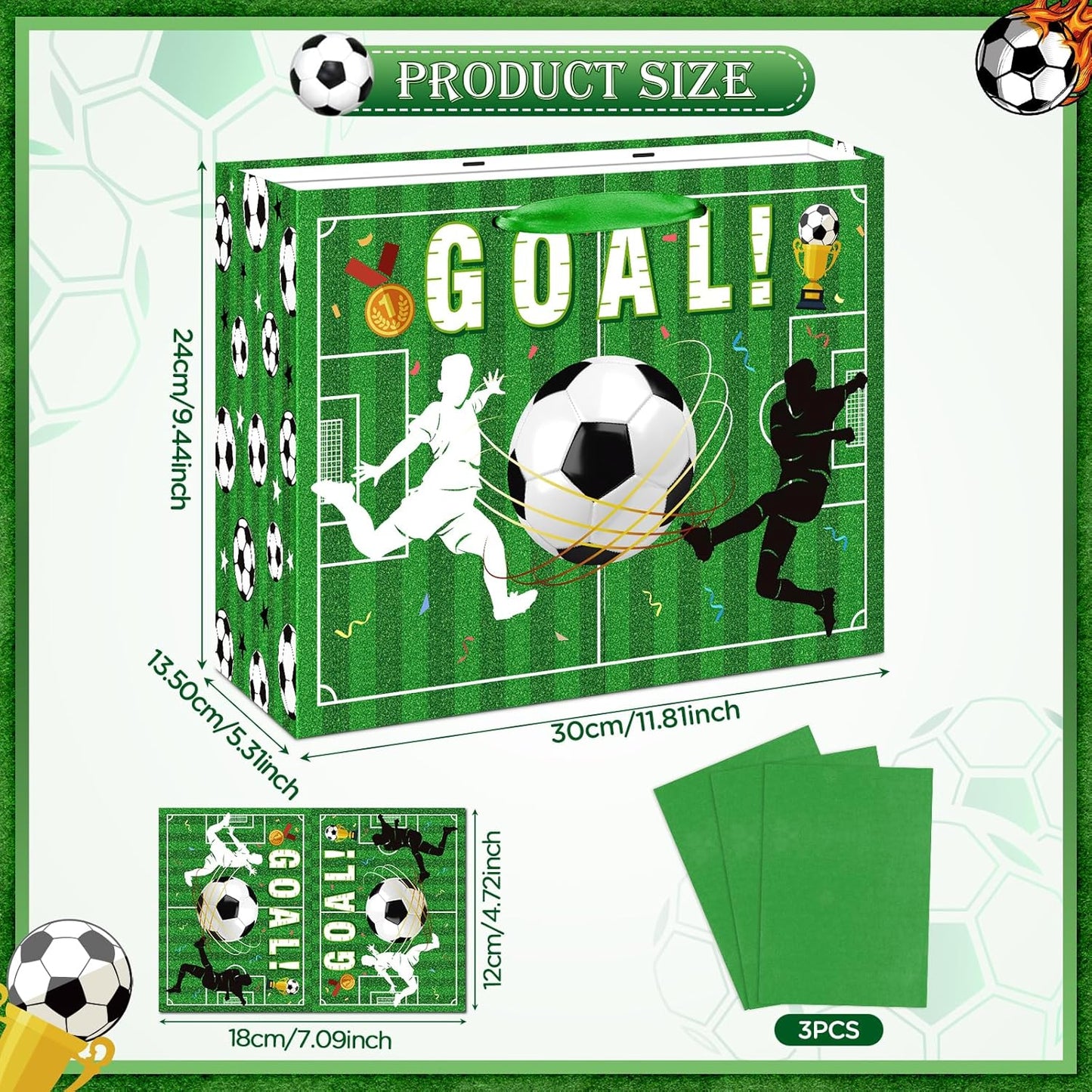 Soccer Gift Bag Large Green Soccer Gift Wrapping Bag with Tissue Paper Goal Greeting Card Decorations for Sports Party Favor Ball Team Birthday Goodie Gifts Treat Wrap Bags for Boys Men Supplies